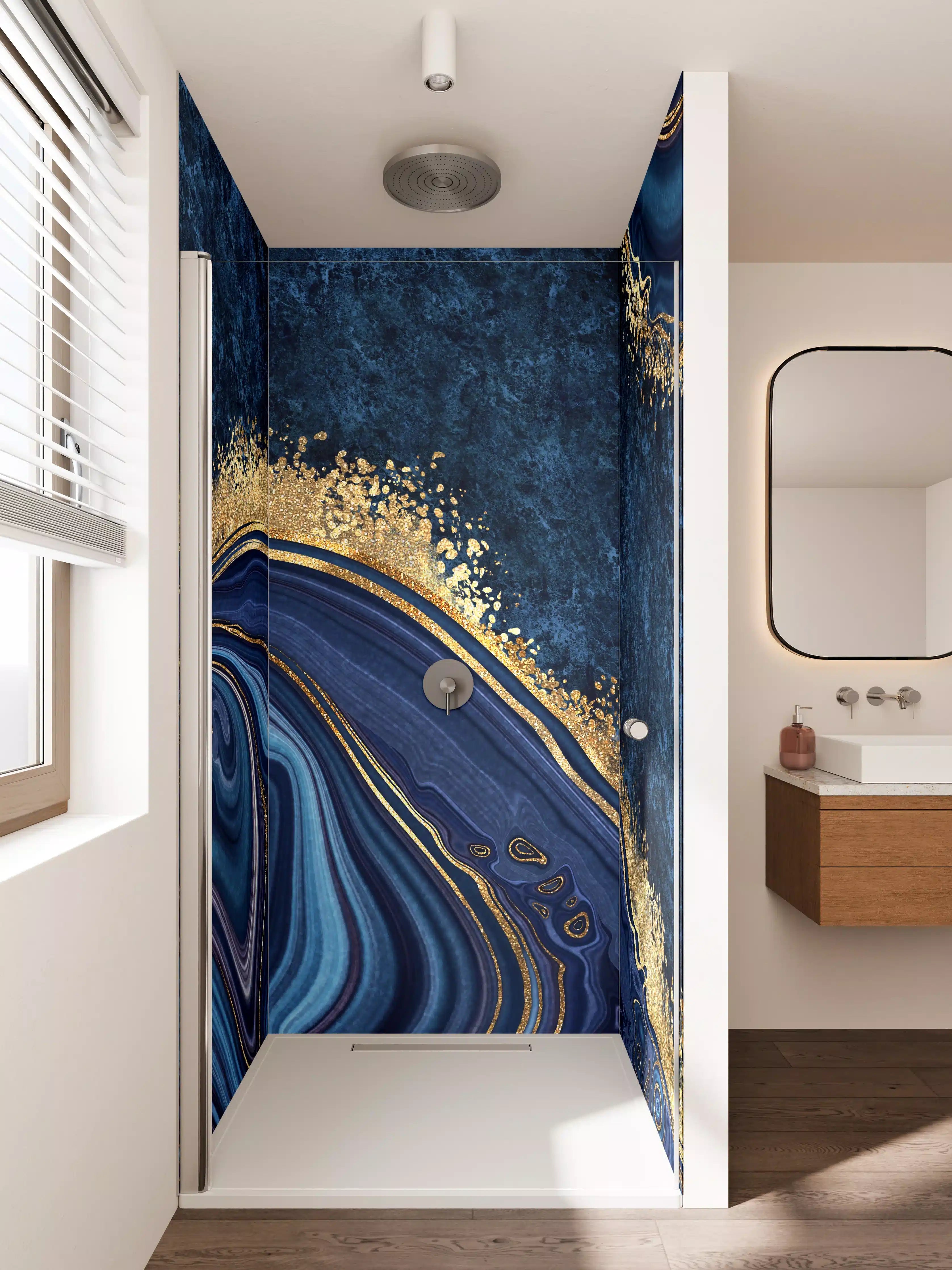 Duschrückwand - Luxuriöse blaue Marmor-Textur mit Goldakzenten
