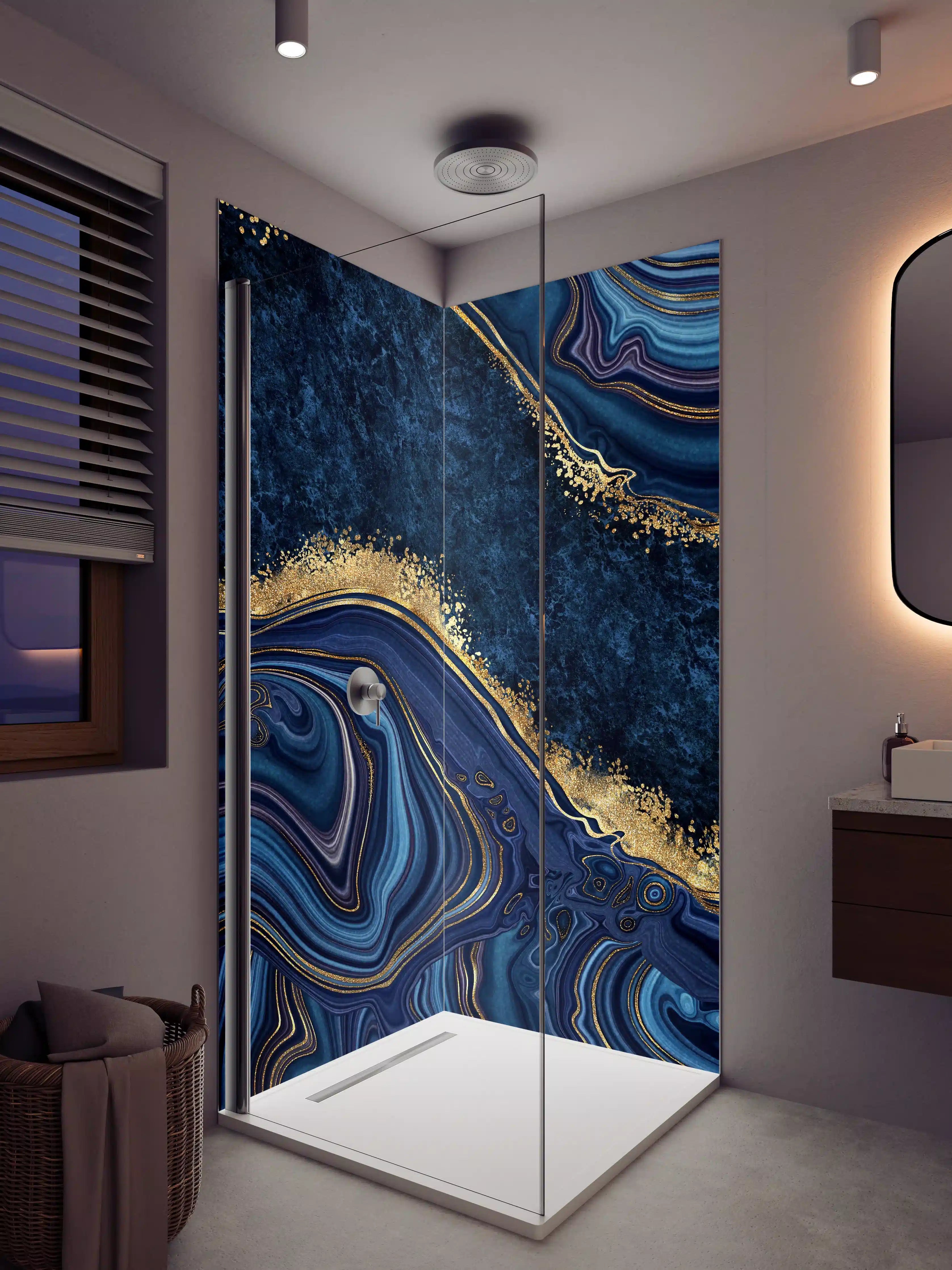 Duschrückwand - Luxuriöse blaue Marmor-Textur mit Goldakzenten