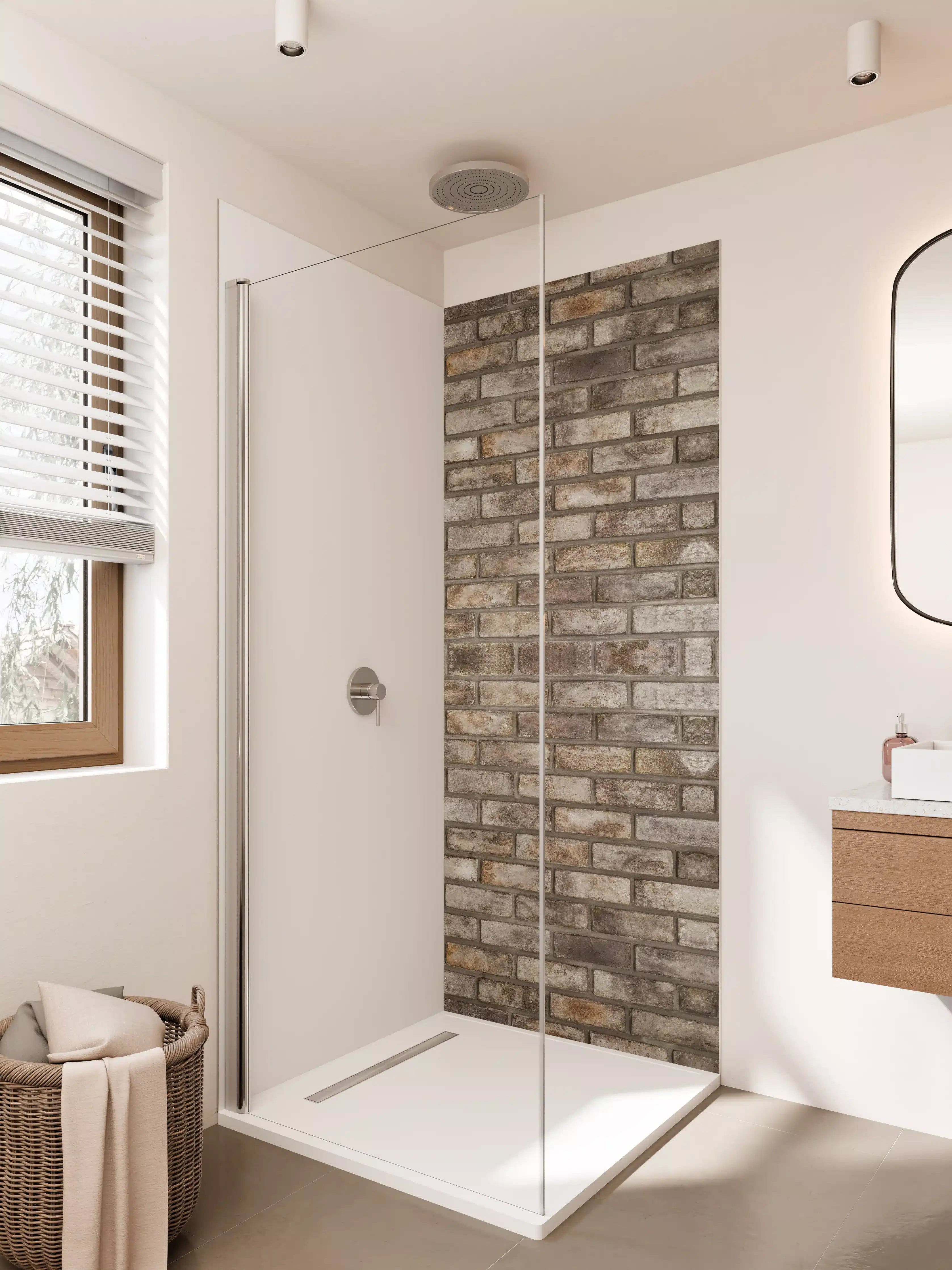 Duschrückwand - Rustikale Ziegelsteinwand in Erdtönen