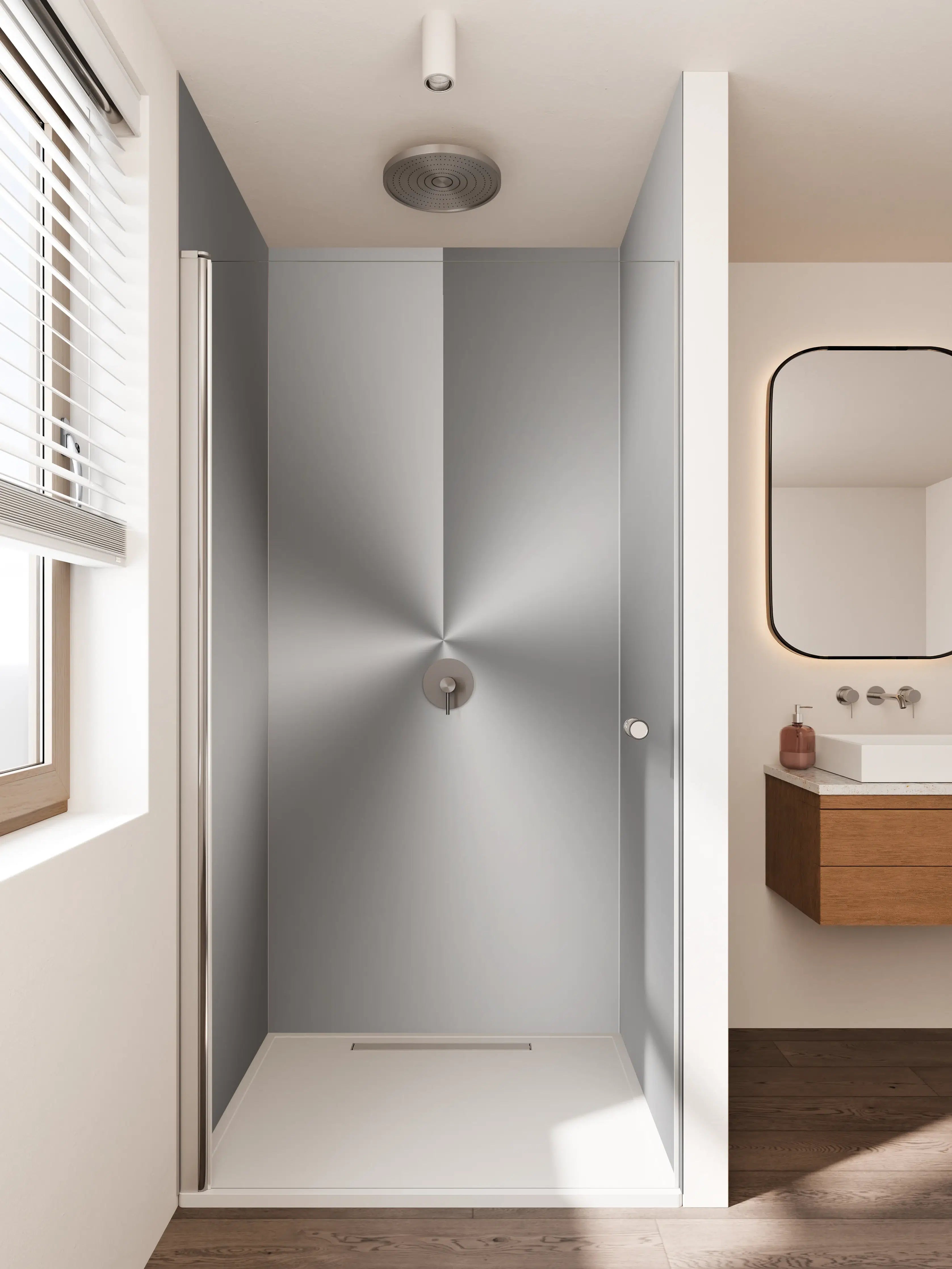 Duschrückwand - Schlichte silberne Metalloberfläche, modern und elegant