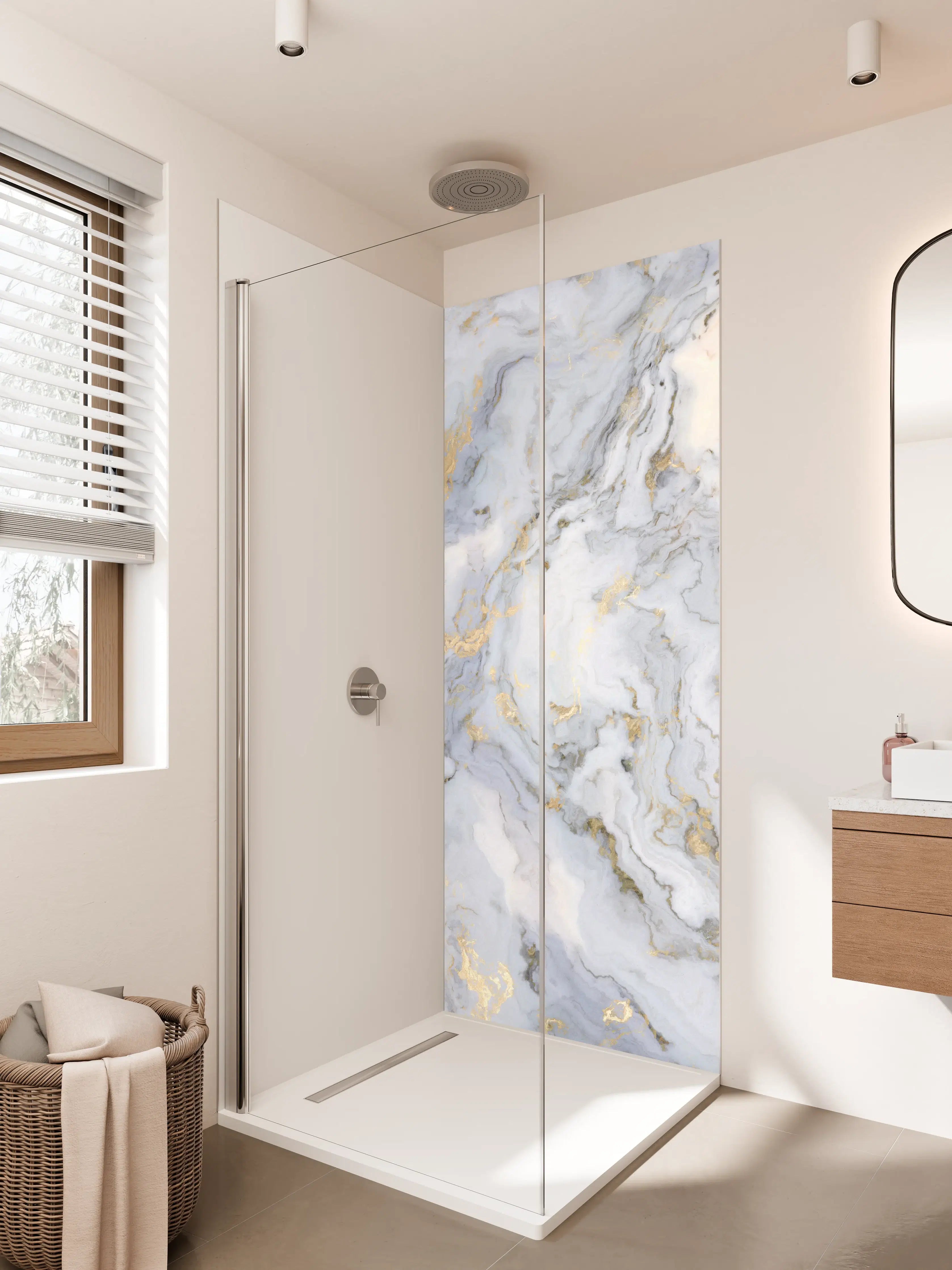 Duschrückwand - Silberne Marmorfassung mit goldenen Highlights