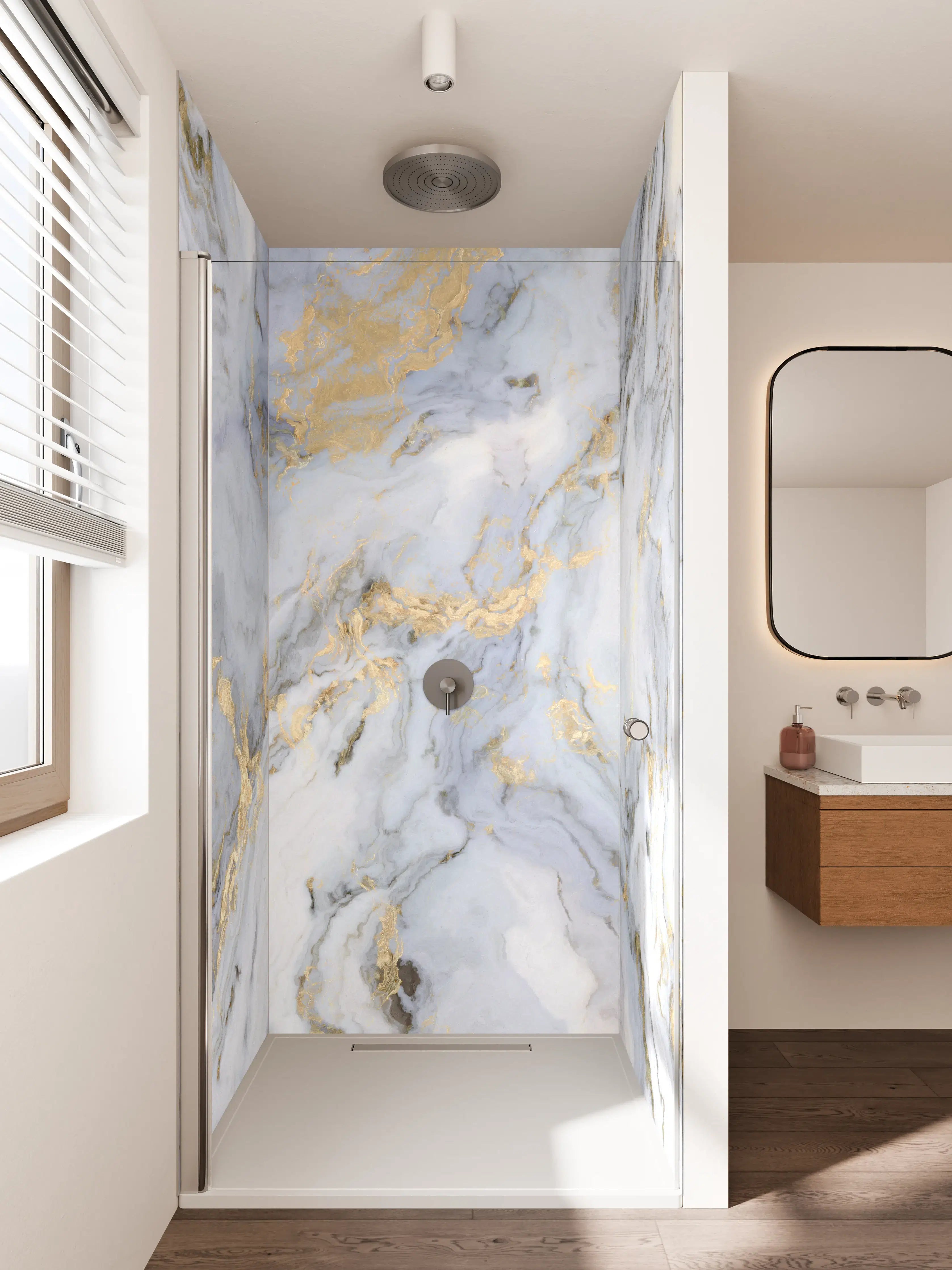 Duschrückwand - Silberne Marmorfassung mit goldenen Highlights