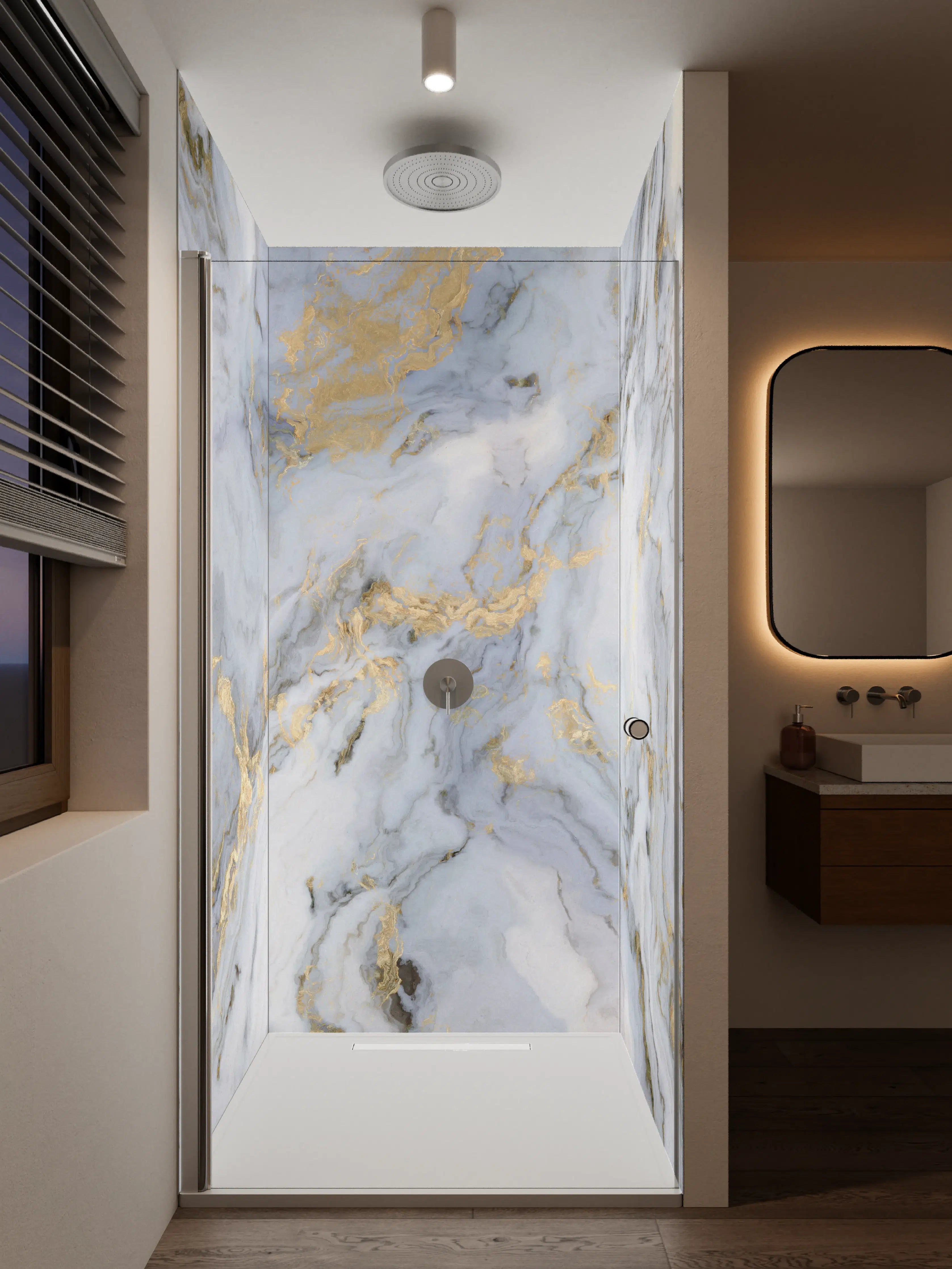 Duschrückwand - Silberne Marmorfassung mit goldenen Highlights