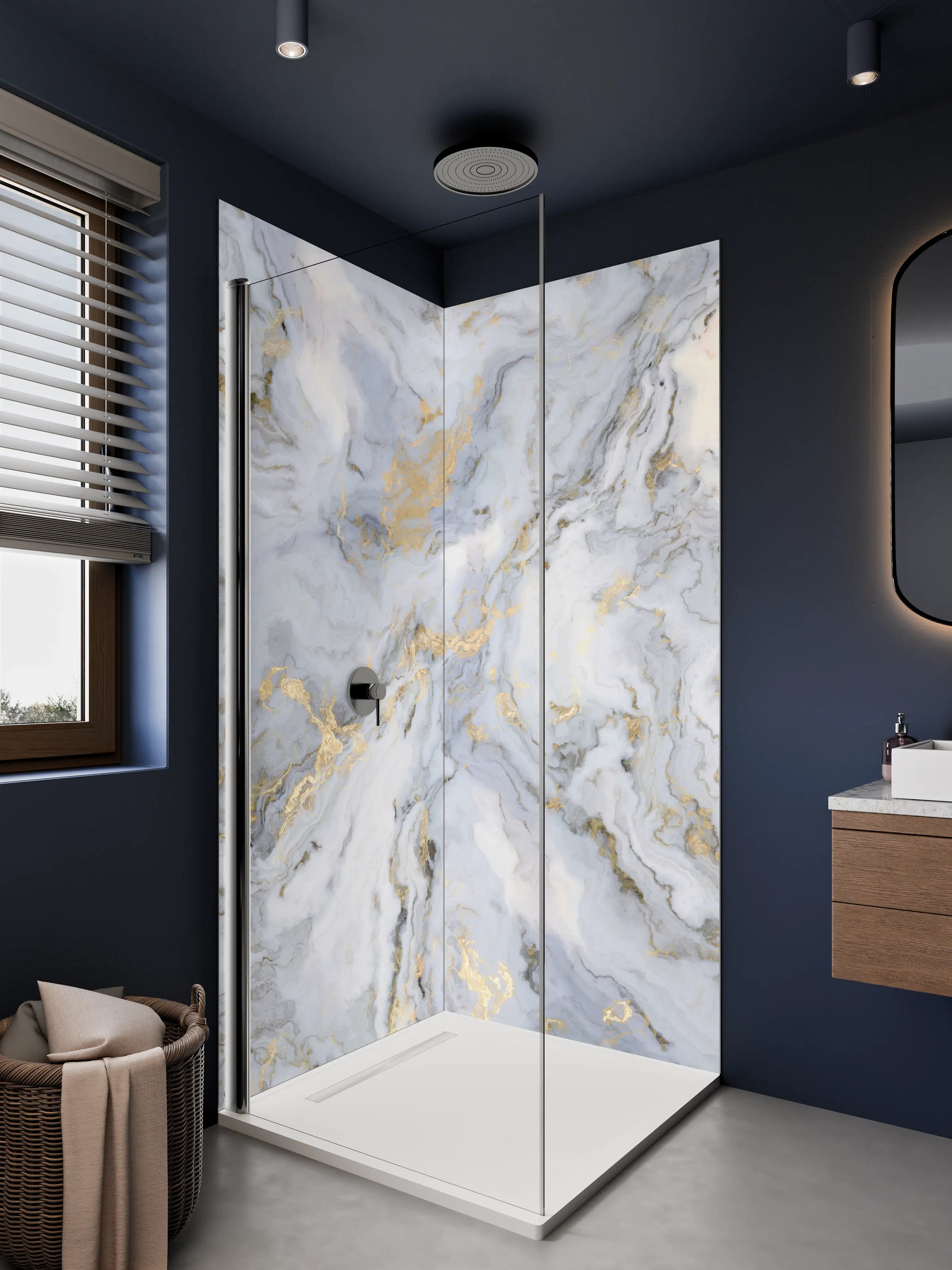 Duschrückwand - Silberne Marmorfassung mit goldenen Highlights