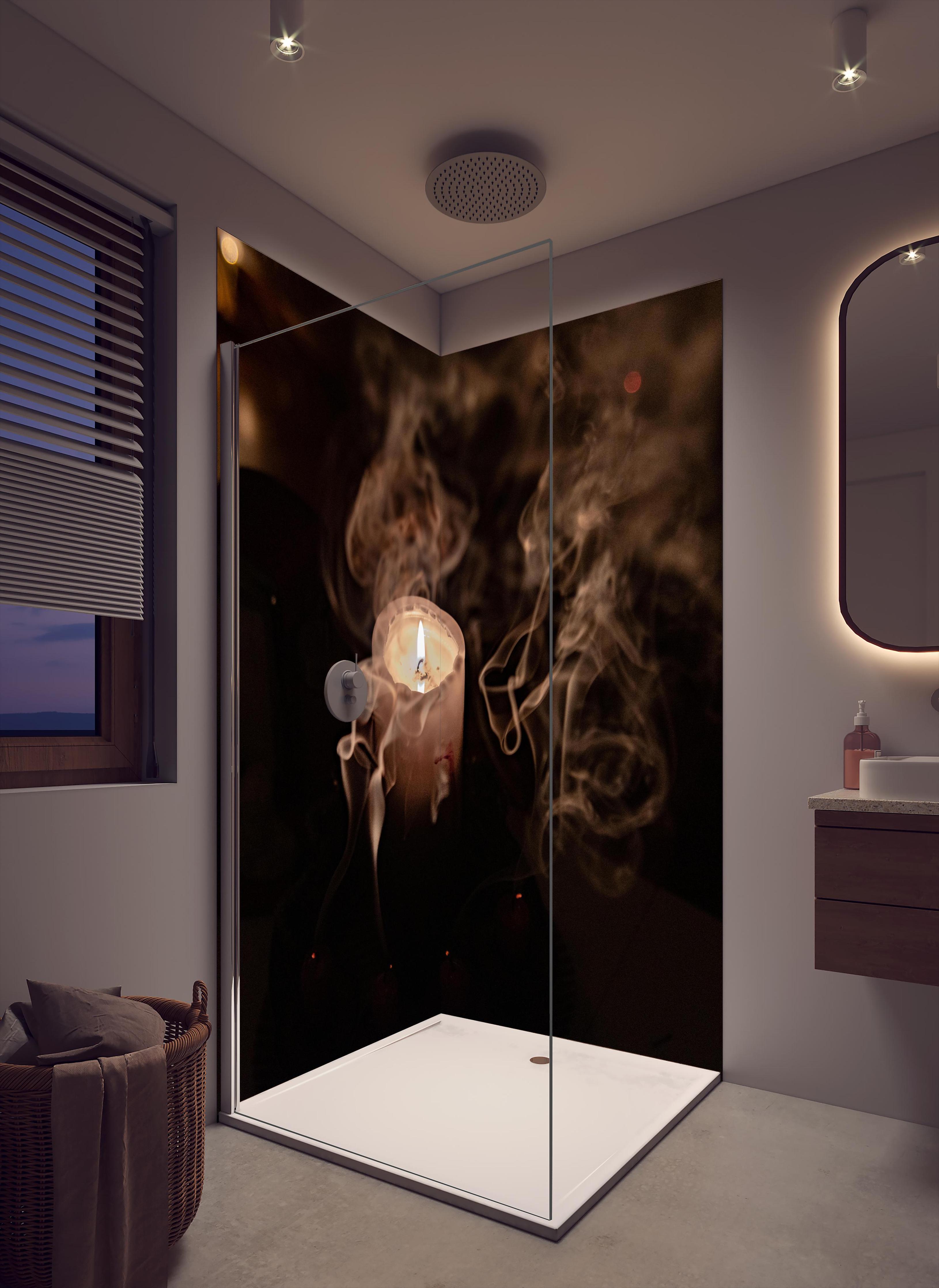 Duschrückwand - Mystischer Kerzenrauch bei brennender Kerze in cremefarbenem Badezimmer mit Regenduschkopf
