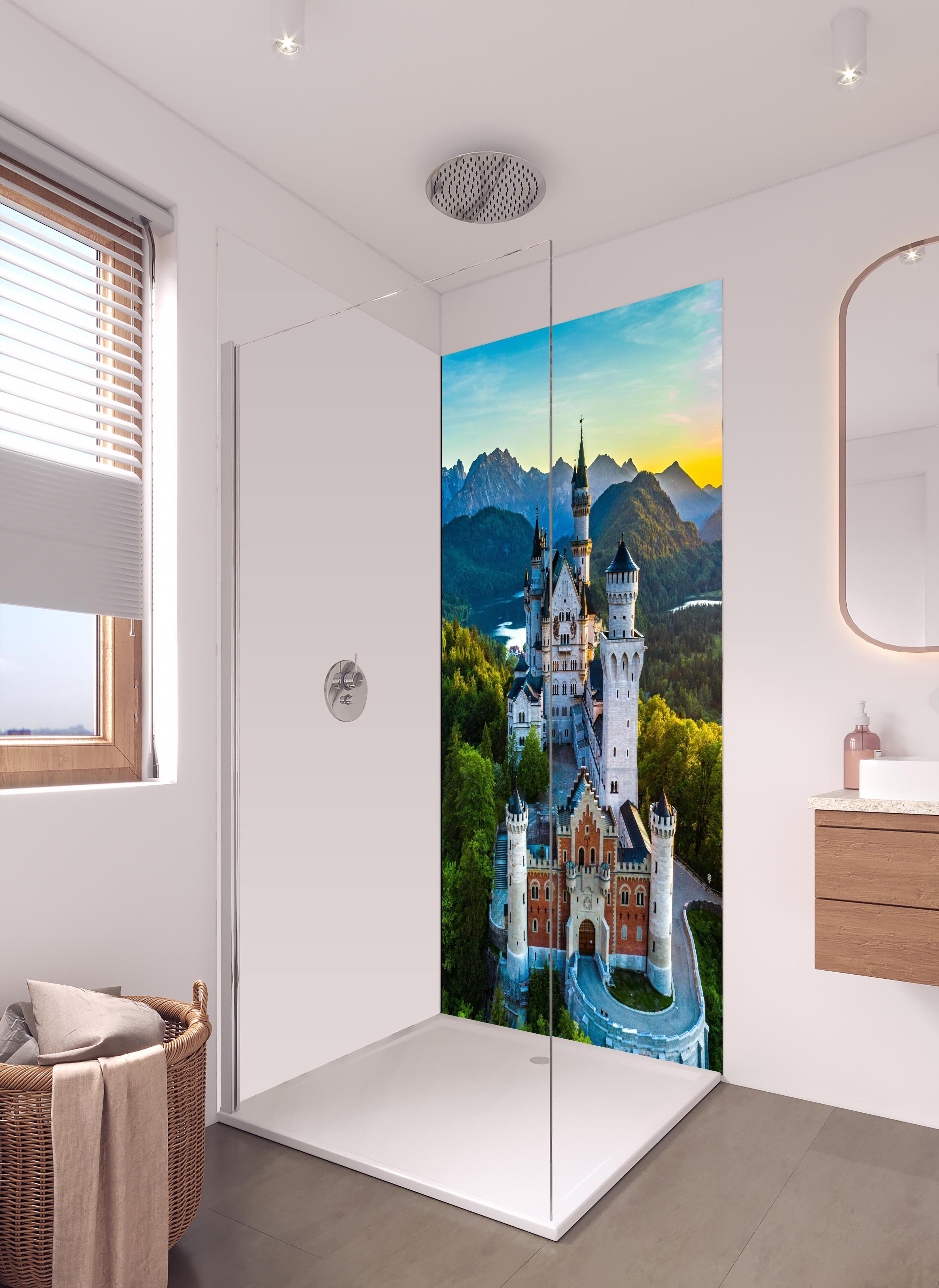 Duschrückwand - glanzvolles Märchenschloss Neuschwanstein in hellem Badezimmer mit Regenduschkopf - einteilige Duschrückwand