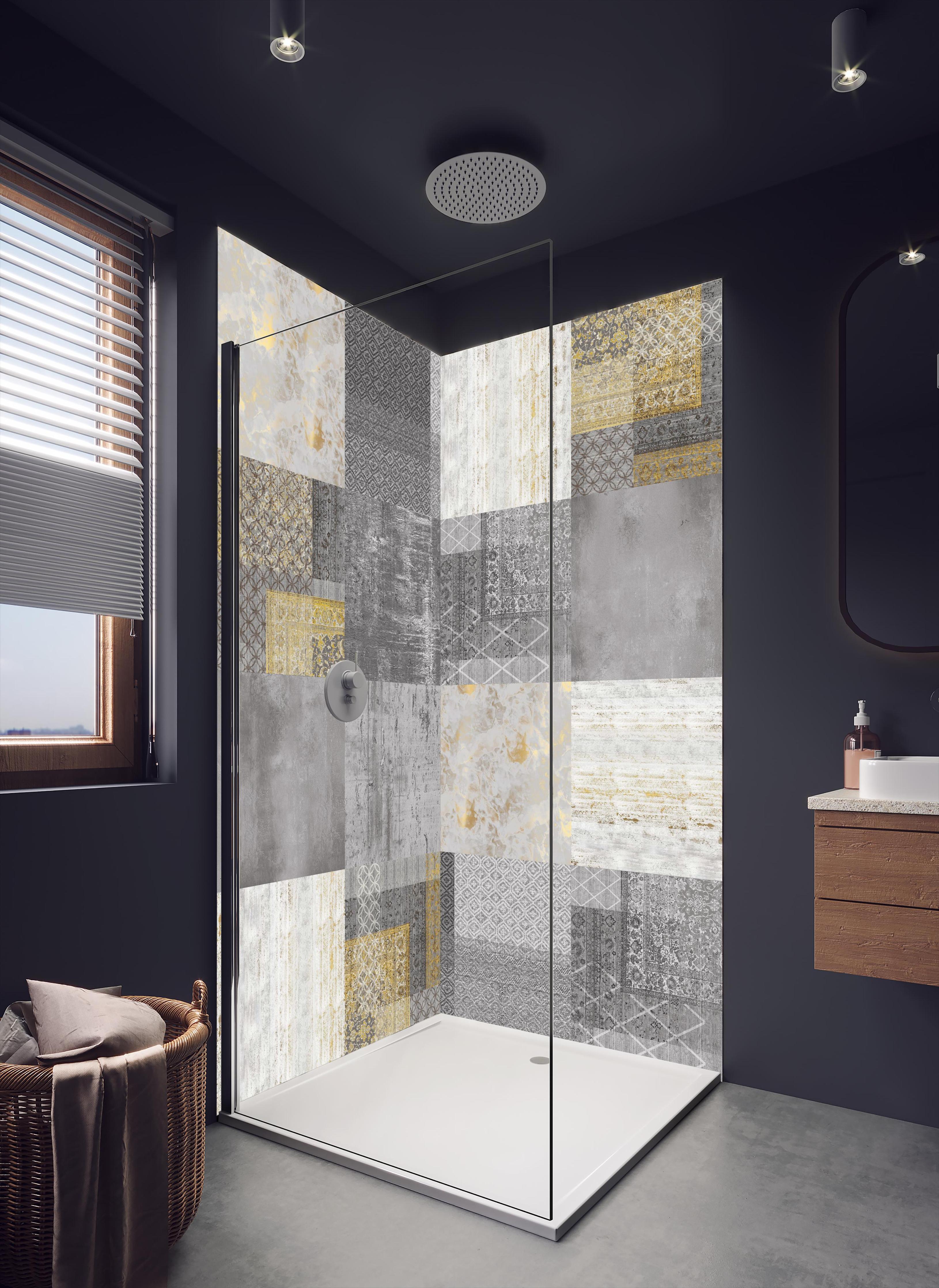 Duschrückwand - gräulich gelbes Patchwork in dunklem Badezimmer mit Regenduschkopf