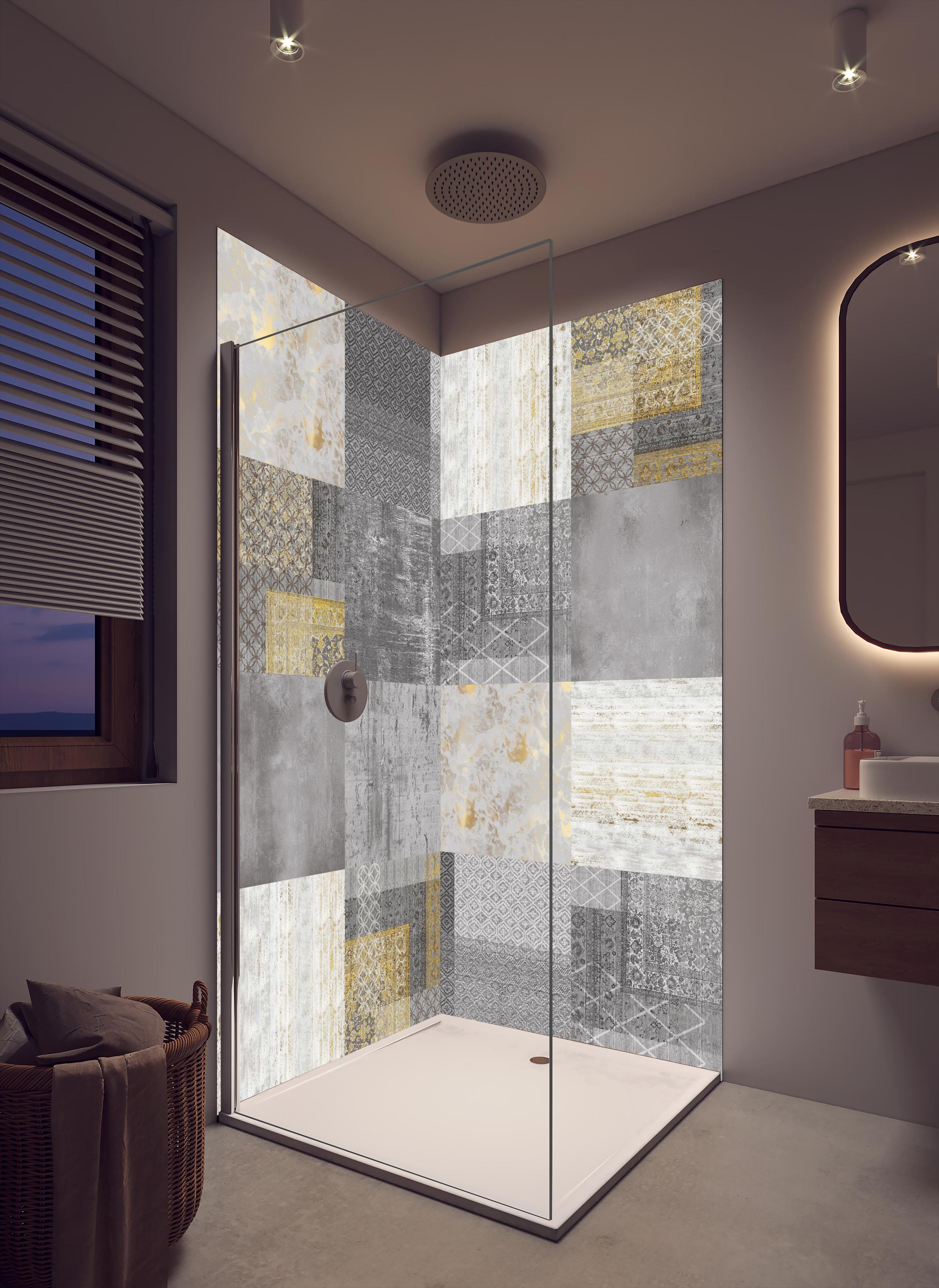 Duschrückwand - gräulich gelbes Patchwork in cremefarbenem Badezimmer mit Regenduschkopf