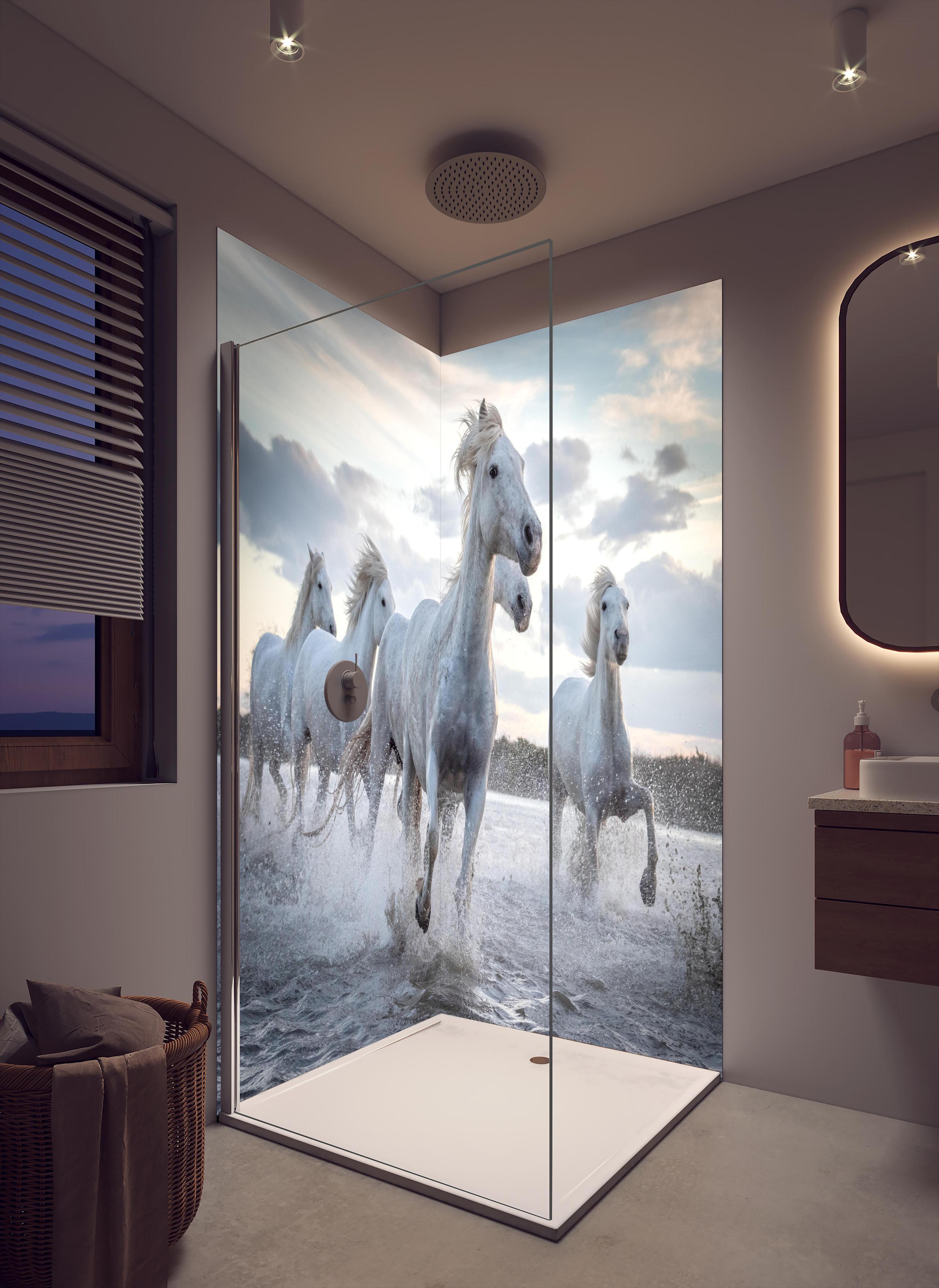 Duschrückwand - lebhafte Pferdeherde in Camargue in cremefarbenem Badezimmer mit Regenduschkopf