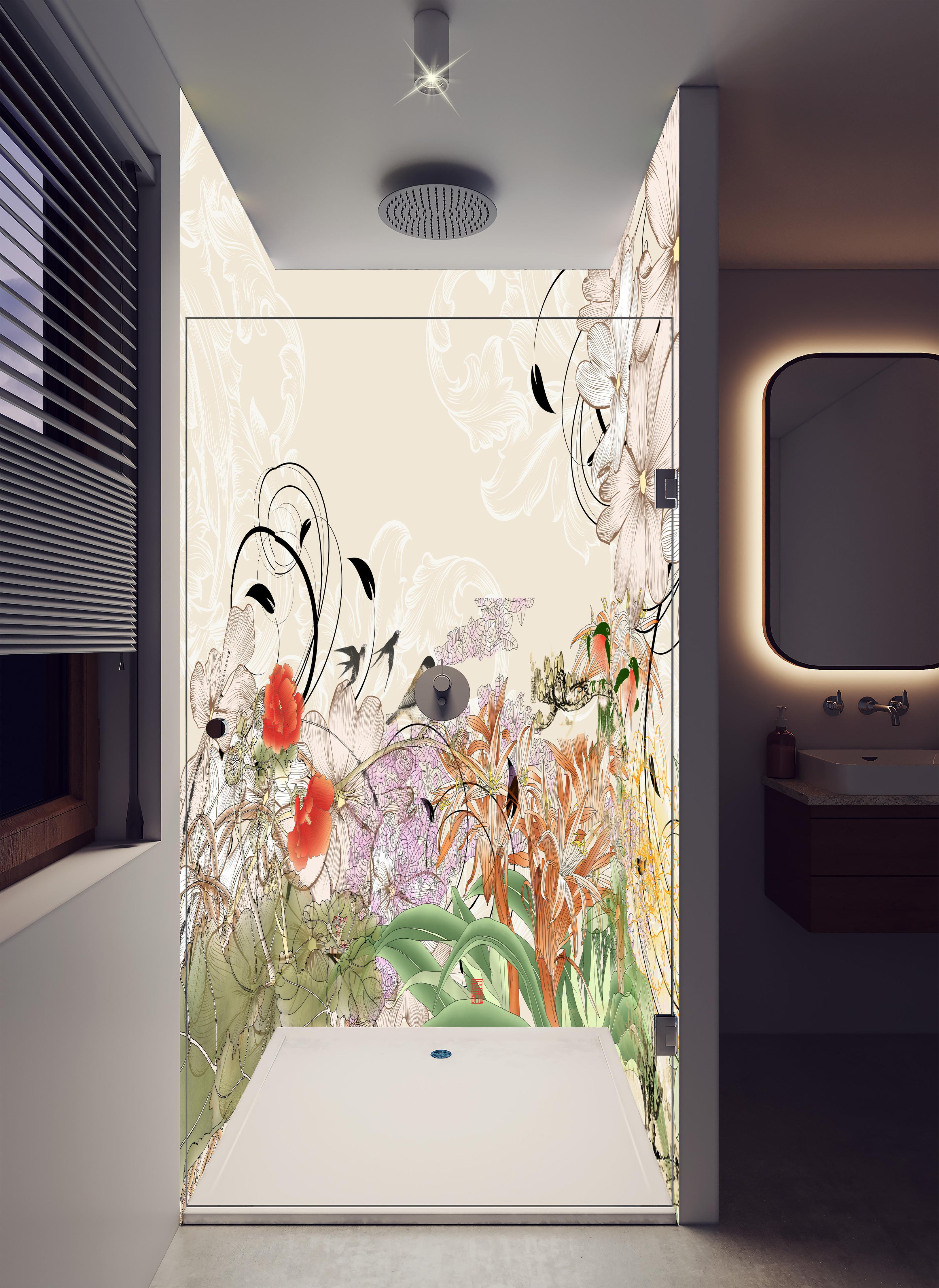 Duschrückwand - Abstrakte Vögel Natur Illustration in luxuriöser Dusche mit Regenduschkopf