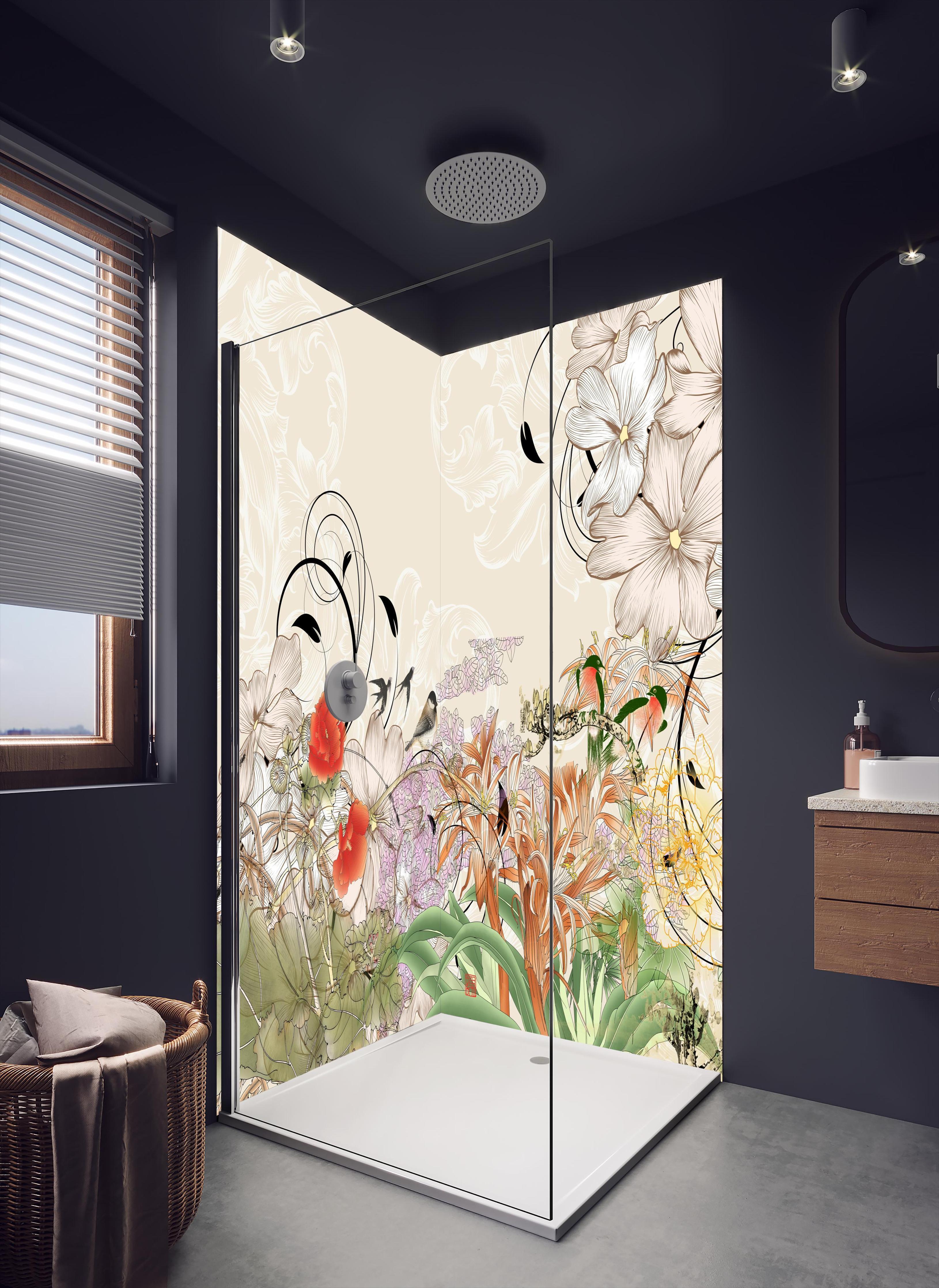 Duschrückwand - Abstrakte Vögel Natur Illustration in dunklem Badezimmer mit Regenduschkopf