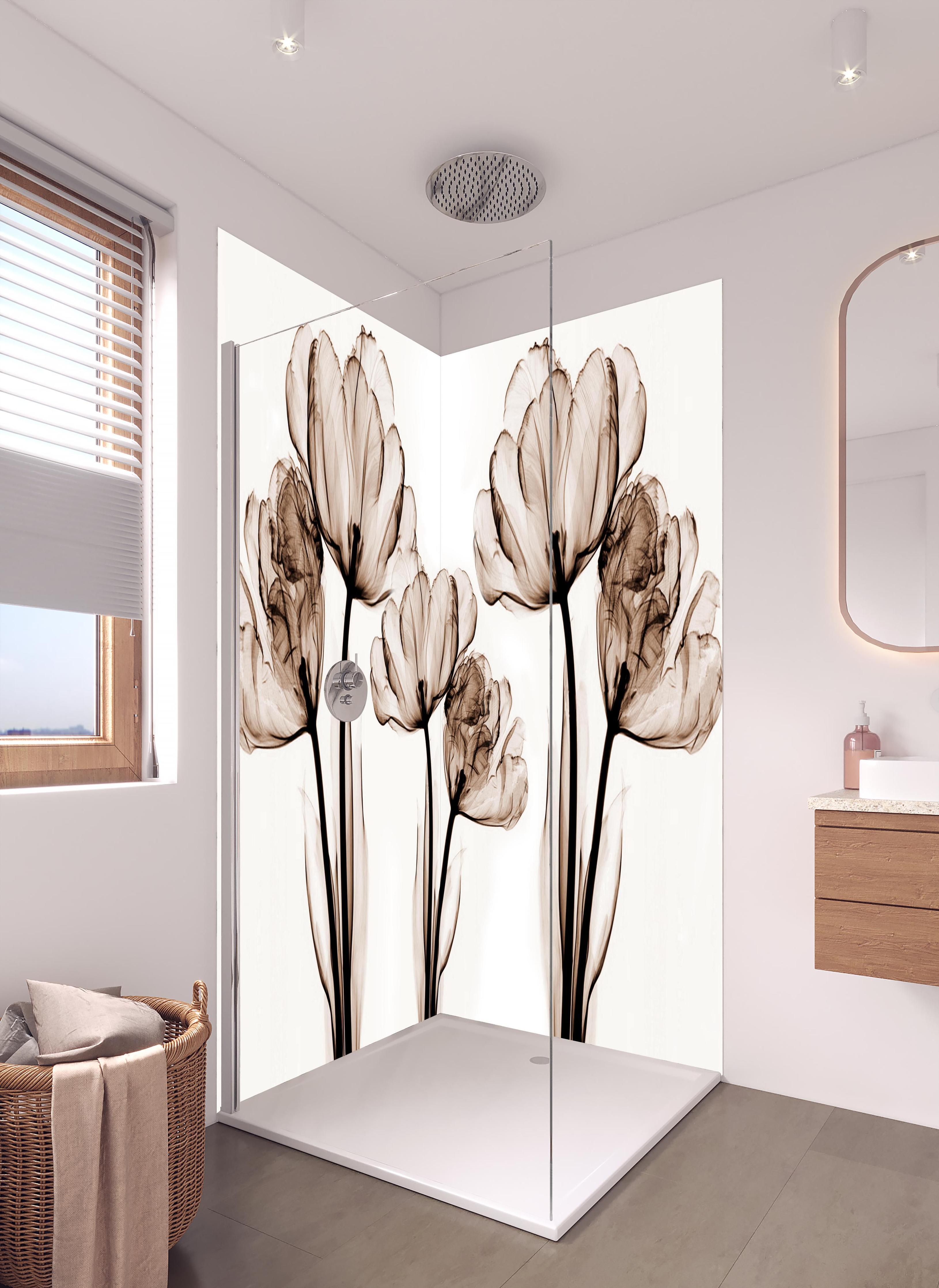 Duschrückwand - Abstraktes Blumendesign in hellem Badezimmer mit Regenduschkopf - zweiteilige Eck-Duschrückwand