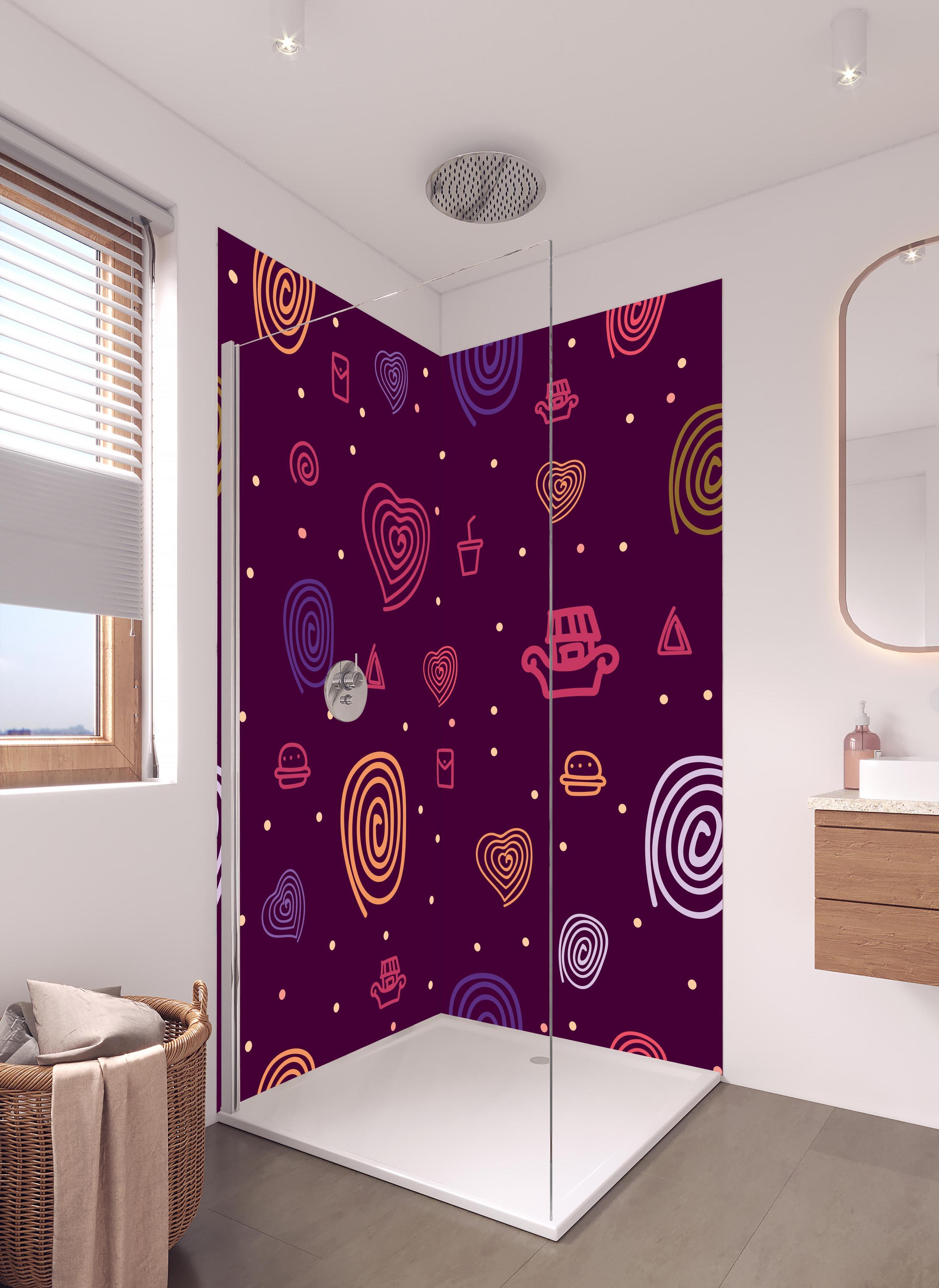 Duschrückwand - Abstraktes Gebilde mit schönen Mustern in hellem Badezimmer mit Regenduschkopf - zweiteilige Eck-Duschrückwand