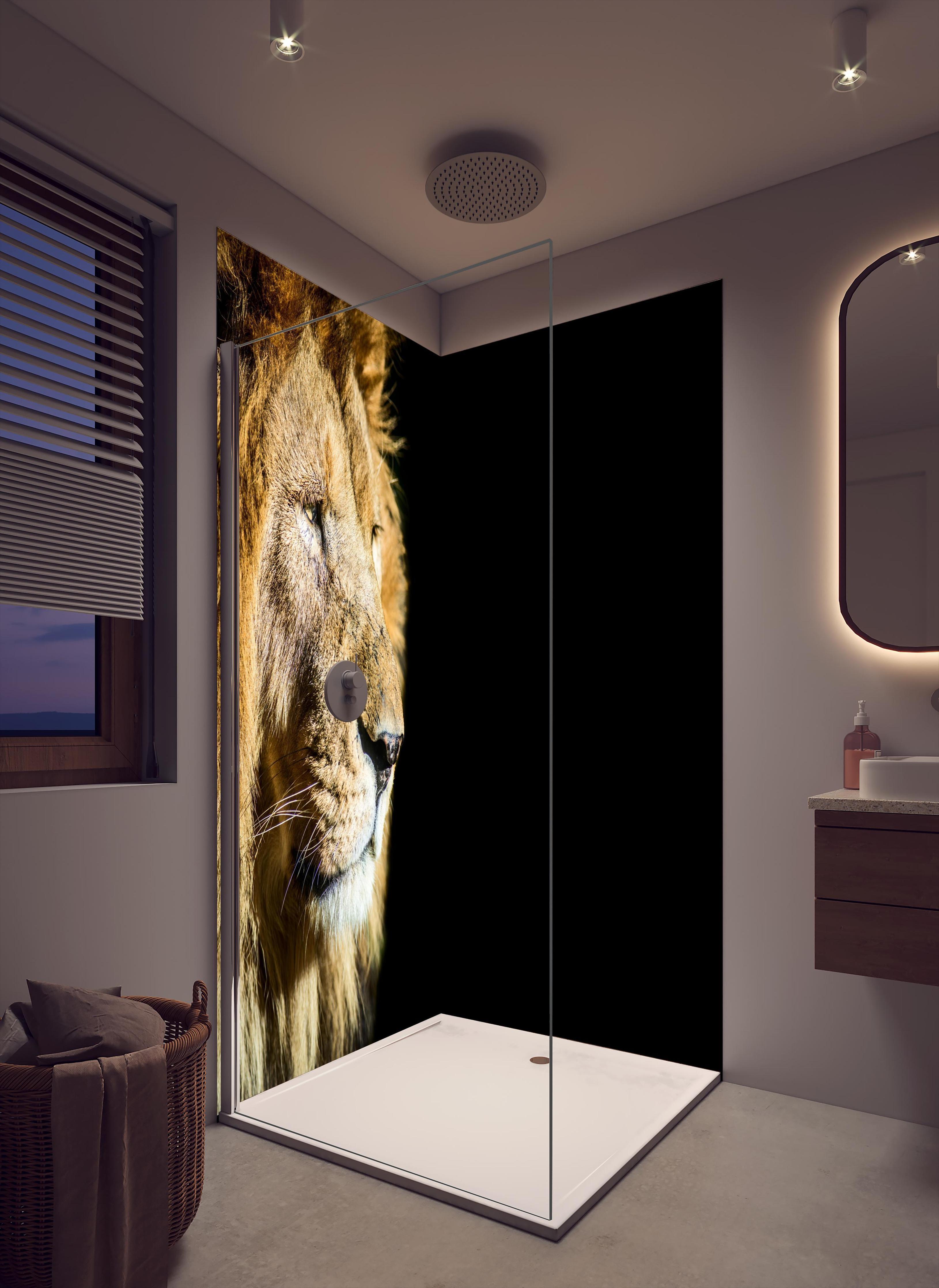 Duschrückwand - Alter Löwe auf schwarzem Hintergrund in cremefarbenem Badezimmer mit Regenduschkopf