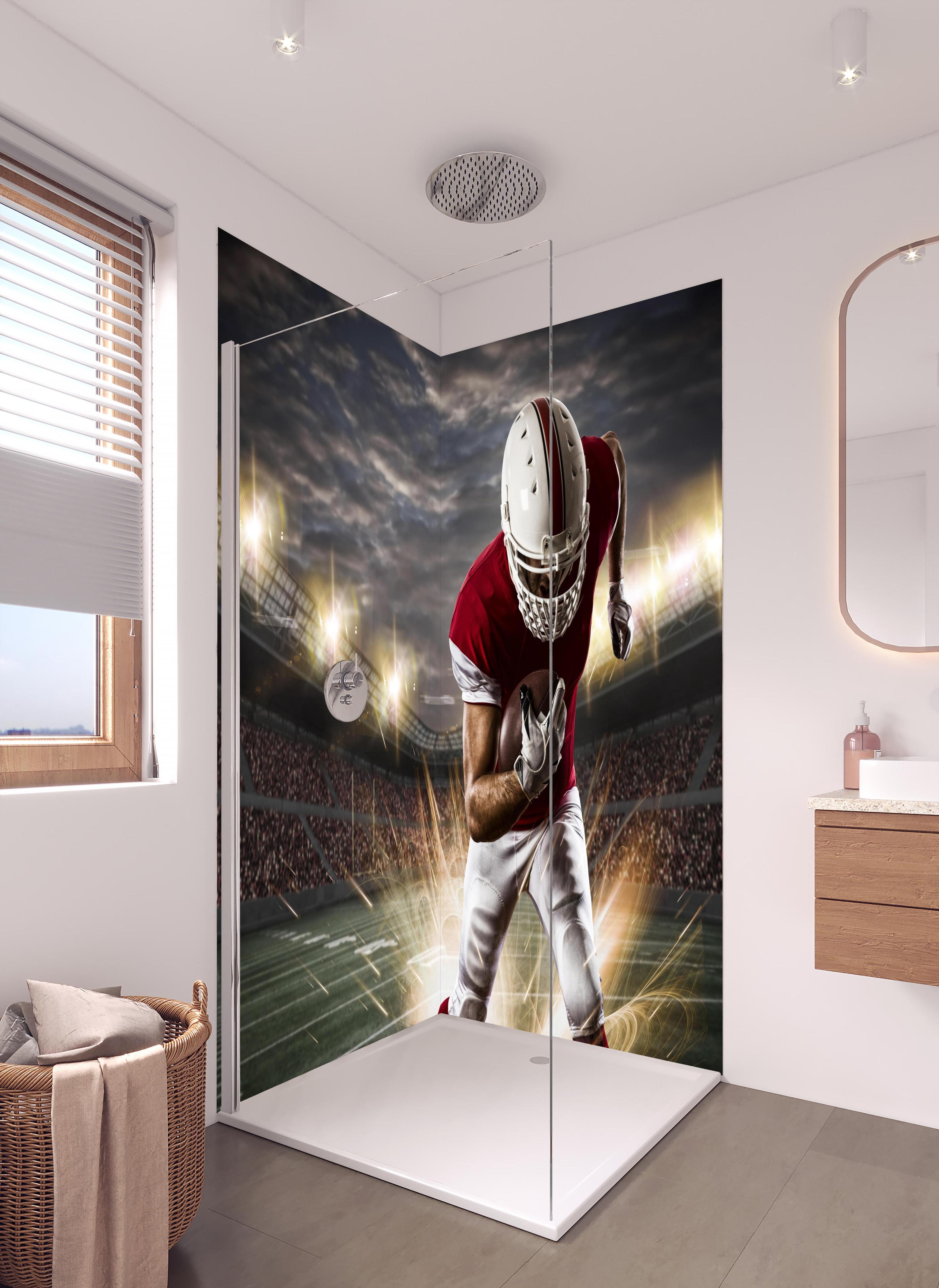 Duschrückwand - American Fußballspieler in hellem Badezimmer mit Regenduschkopf - zweiteilige Eck-Duschrückwand