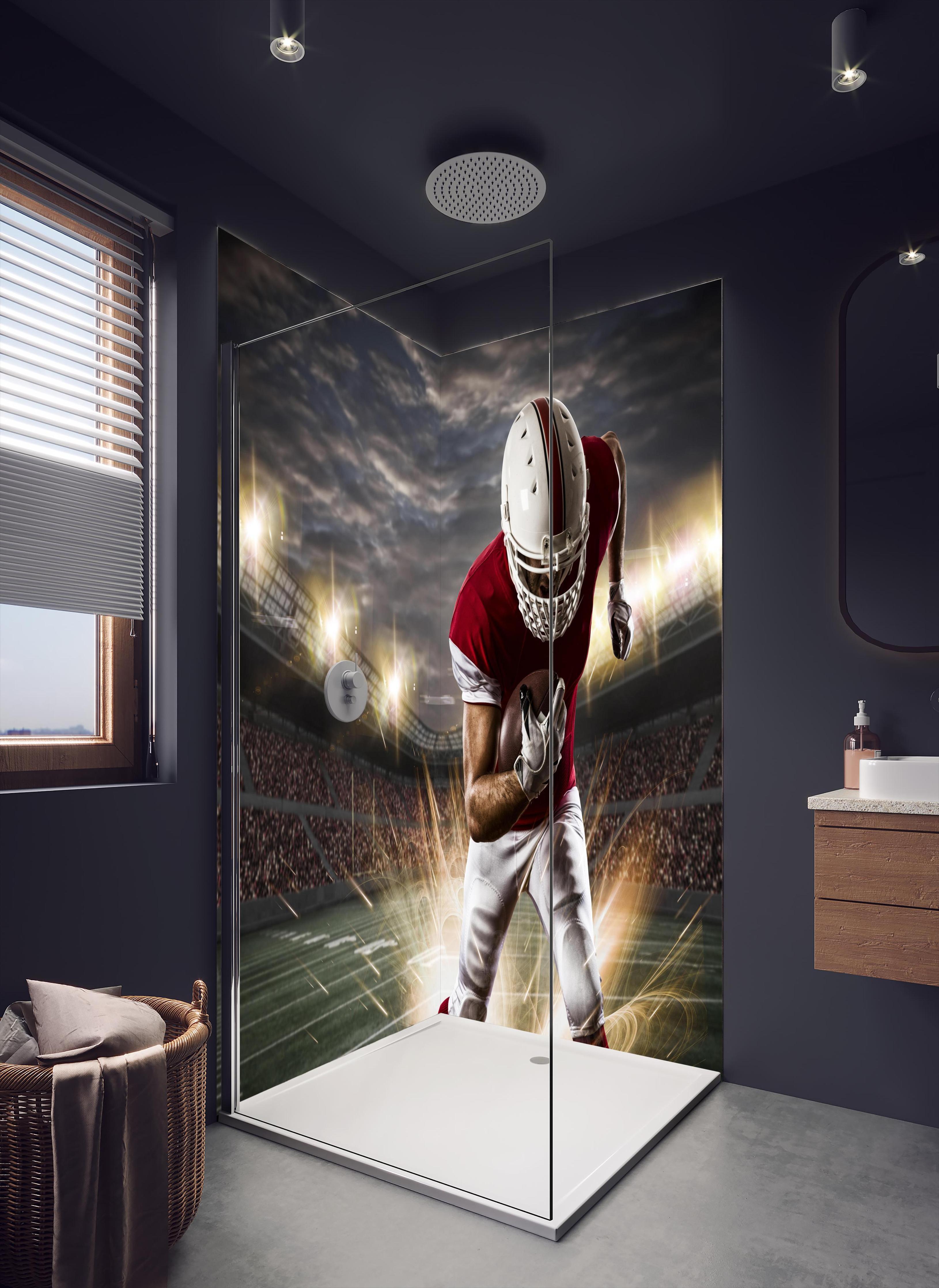 Duschrückwand - American Fußballspieler in dunklem Badezimmer mit Regenduschkopf