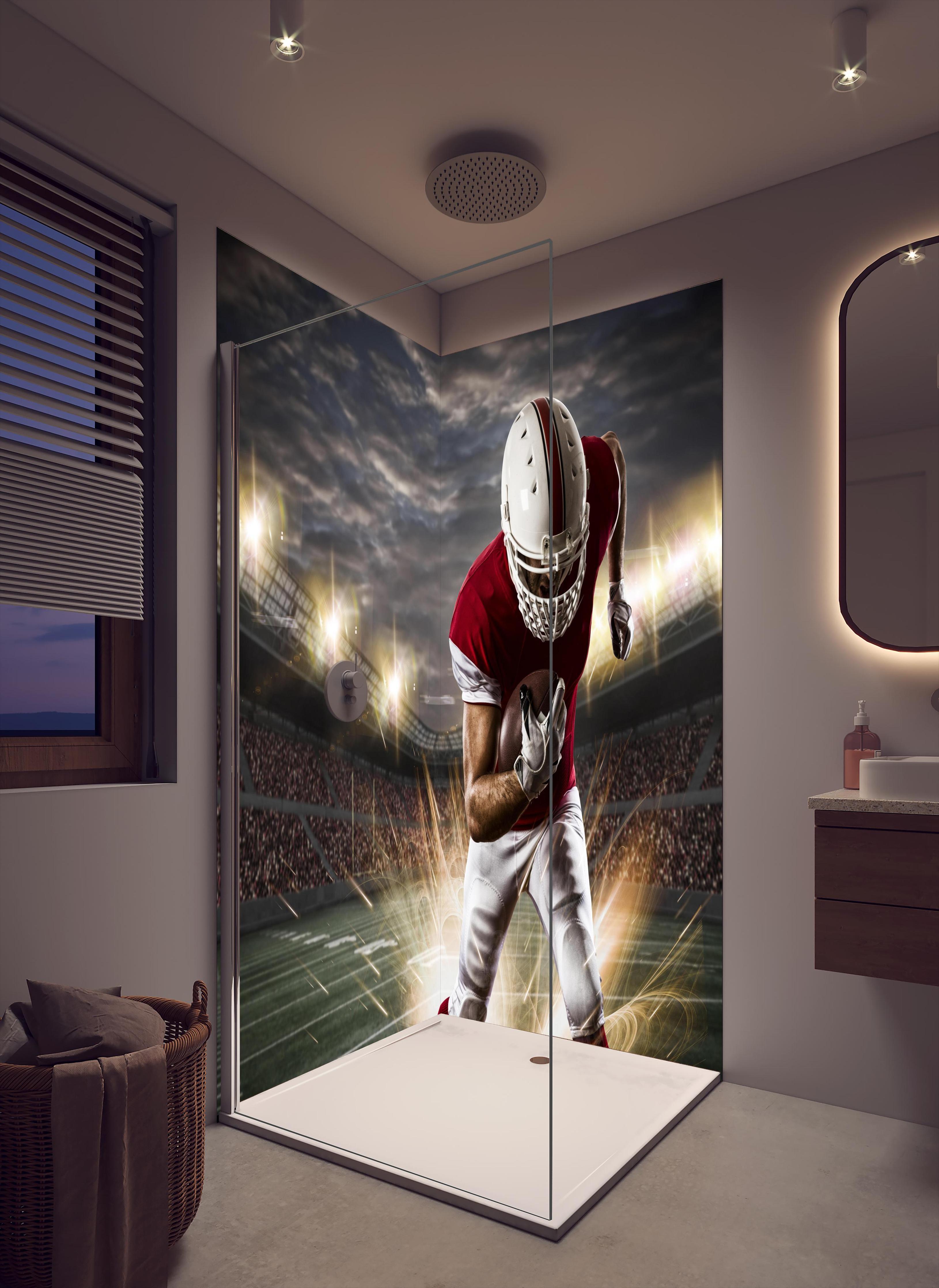 Duschrückwand - American Fußballspieler in cremefarbenem Badezimmer mit Regenduschkopf
