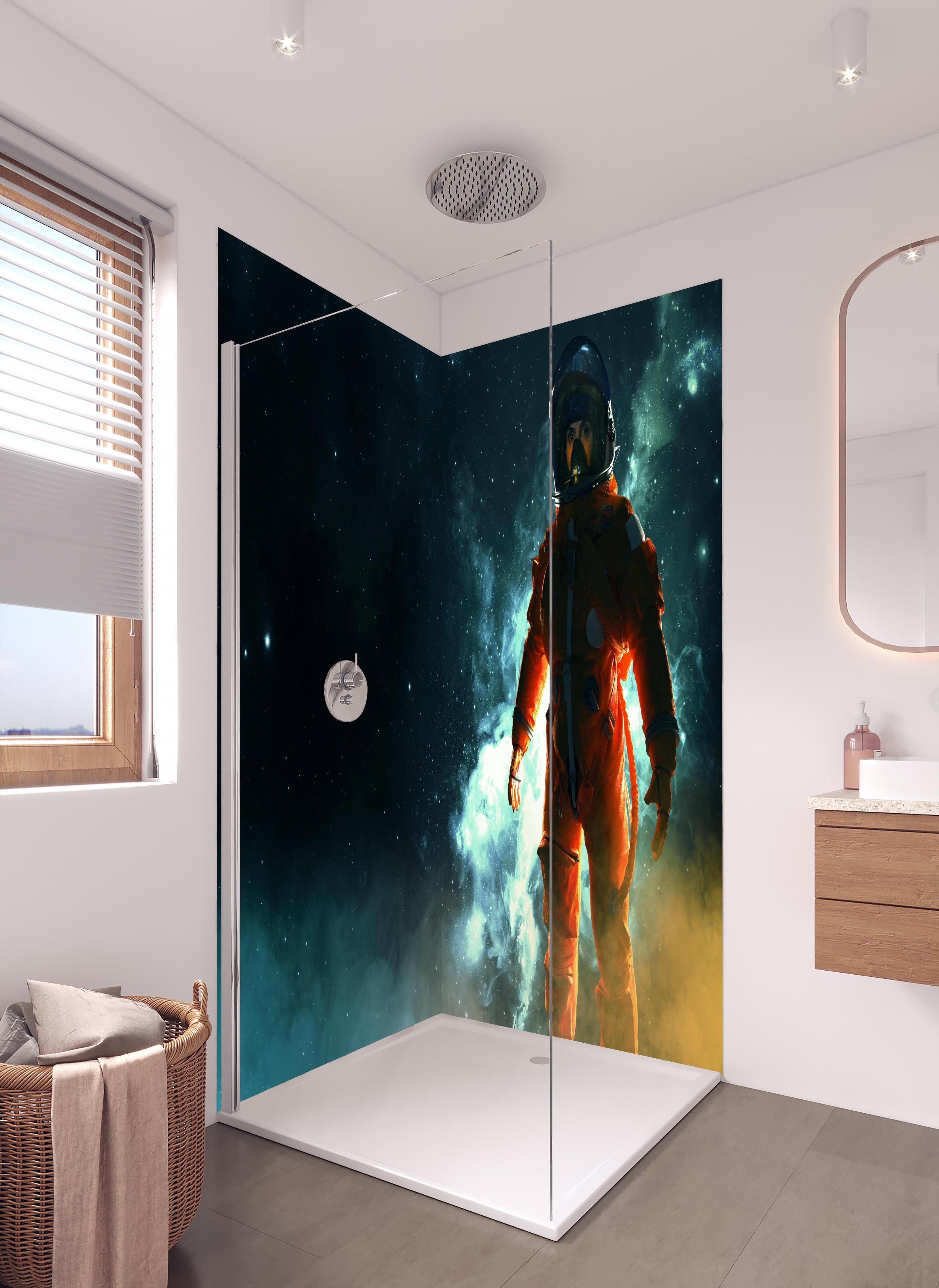 Duschrückwand - Astronaut im Weltraum in hellem Badezimmer mit Regenduschkopf - zweiteilige Eck-Duschrückwand