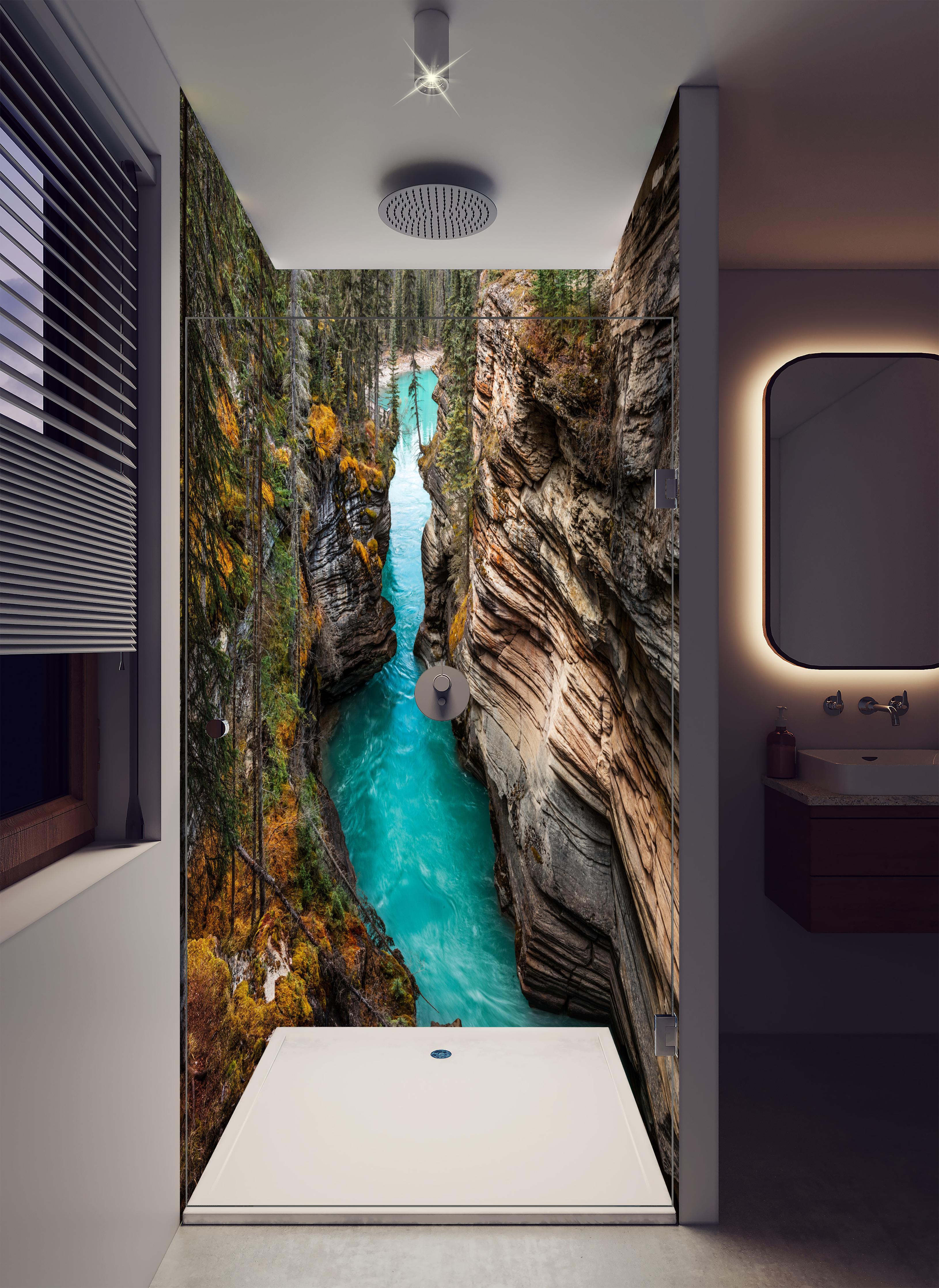 Duschrückwand - Athabasca Wasserfälle - Kanada in luxuriöser Dusche mit Regenduschkopf