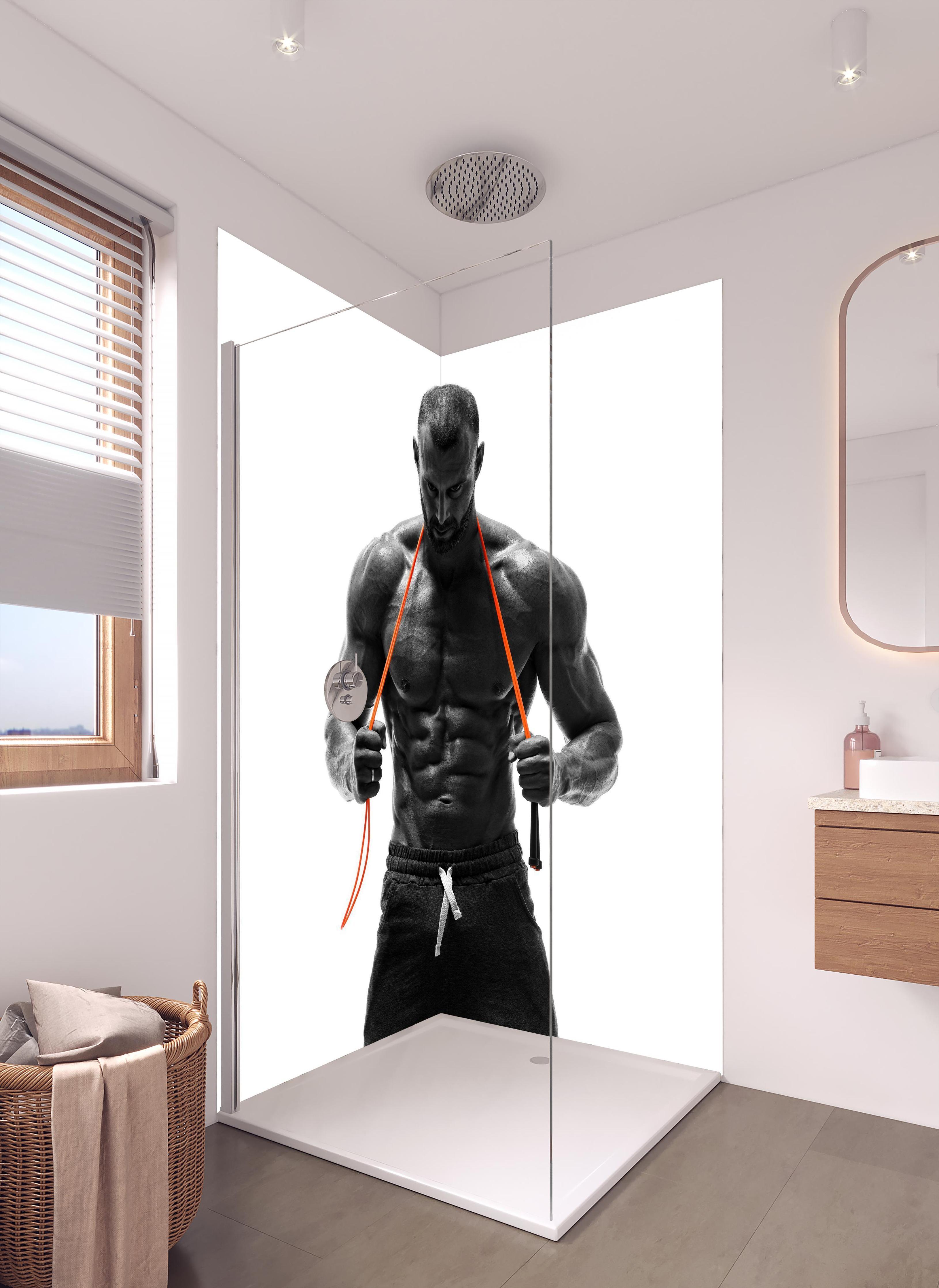 Duschrückwand - Athletischer Mann posiert mit Sprungseil in hellem Badezimmer mit Regenduschkopf - zweiteilige Eck-Duschrückwand