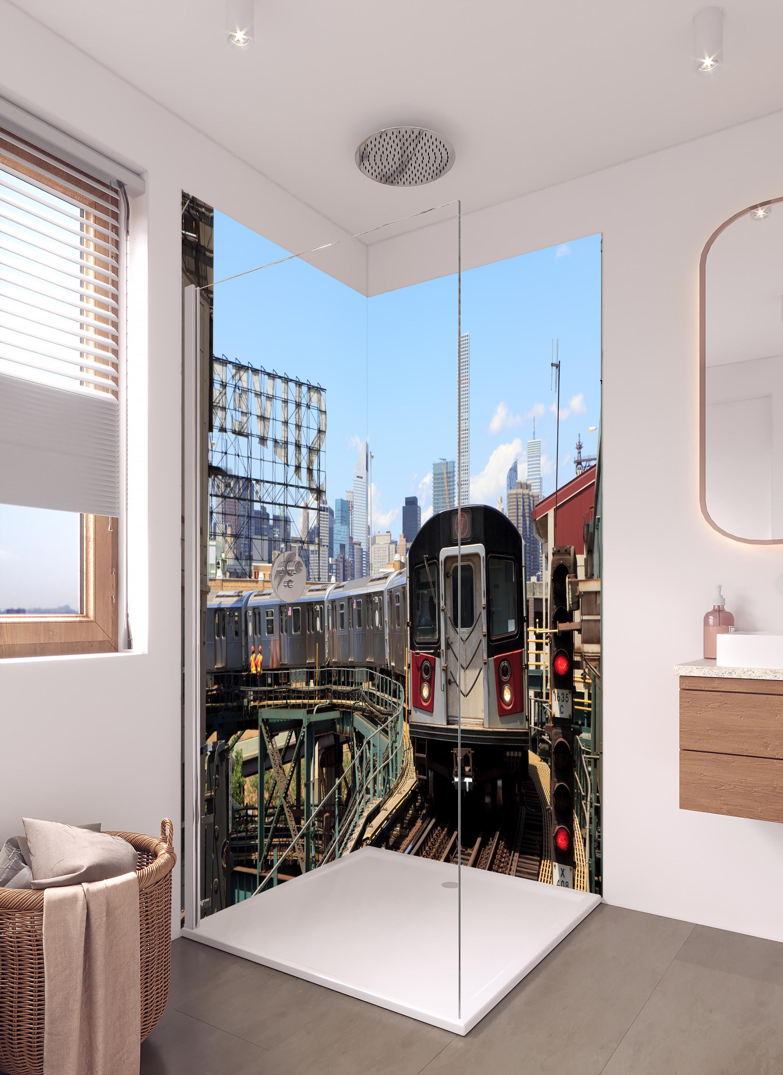 Duschrückwand - Bahn in New-York in hellem Badezimmer mit Regenduschkopf - zweiteilige Eck-Duschrückwand