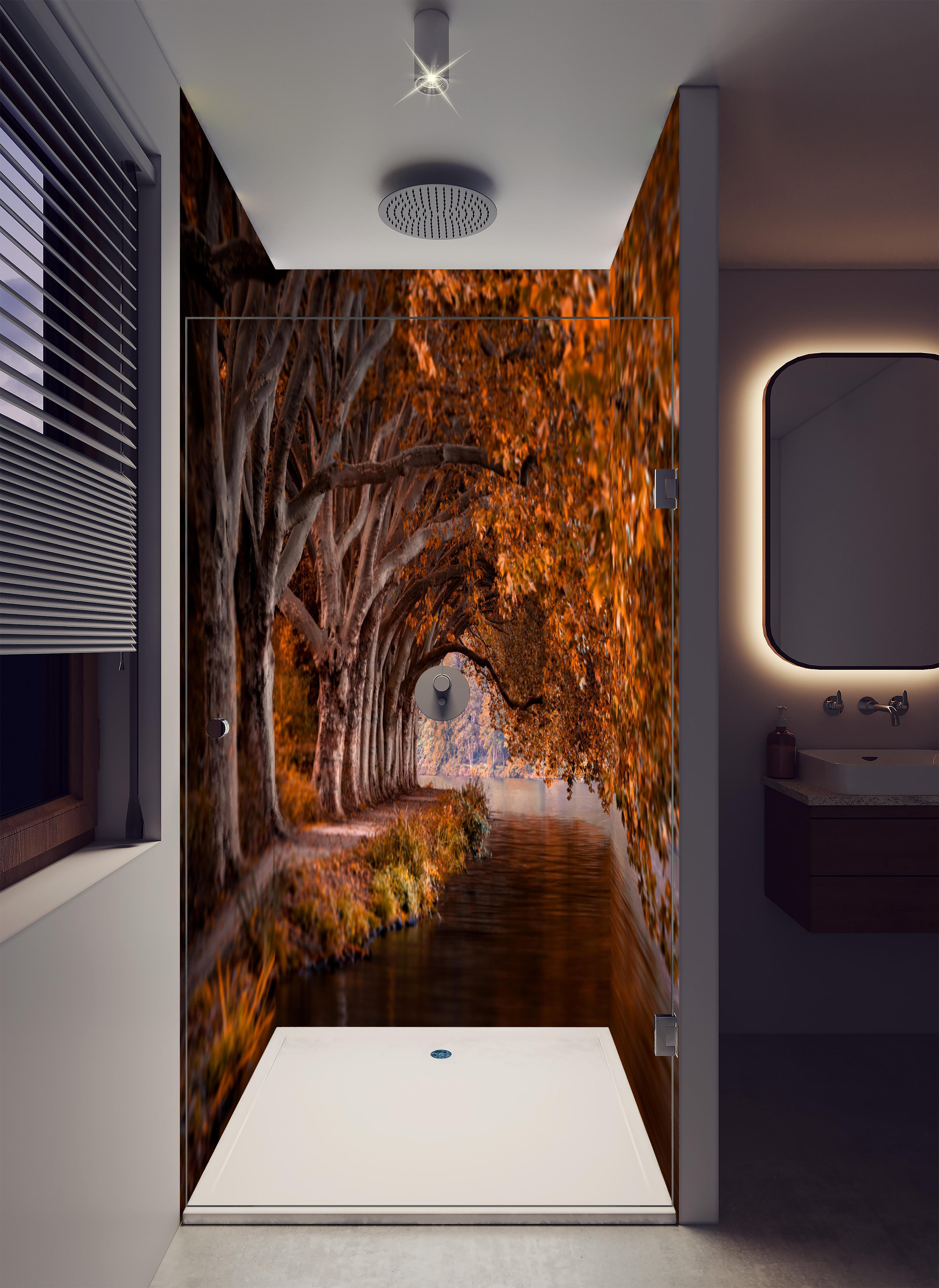 Duschrückwand - Baldeneysee in Essen im Herbst in luxuriöser Dusche mit Regenduschkopf