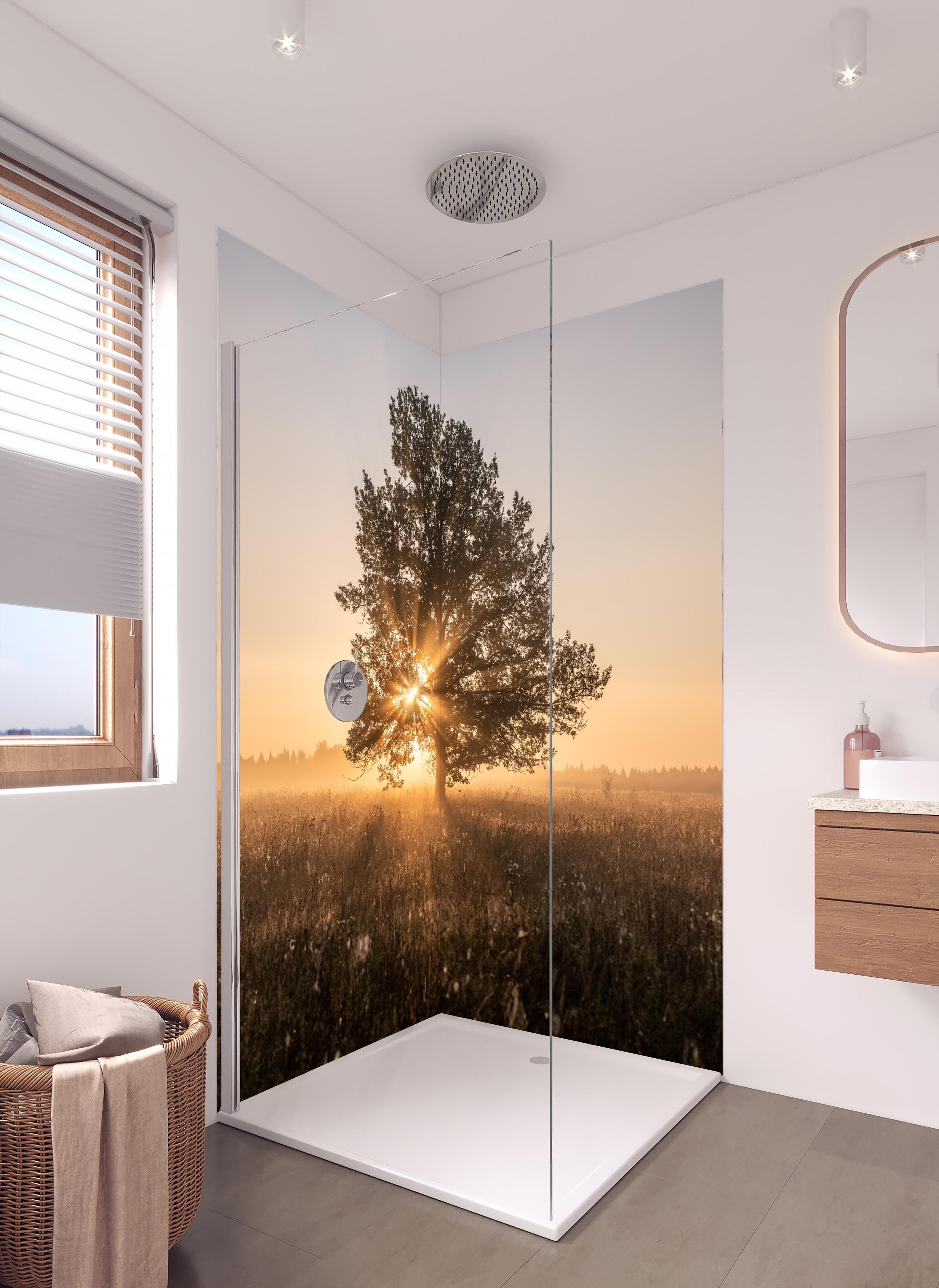 Duschrückwand - Baum an einem frühen Herbstmorgen in Russland in hellem Badezimmer mit Regenduschkopf - zweiteilige Eck-Duschrückwand