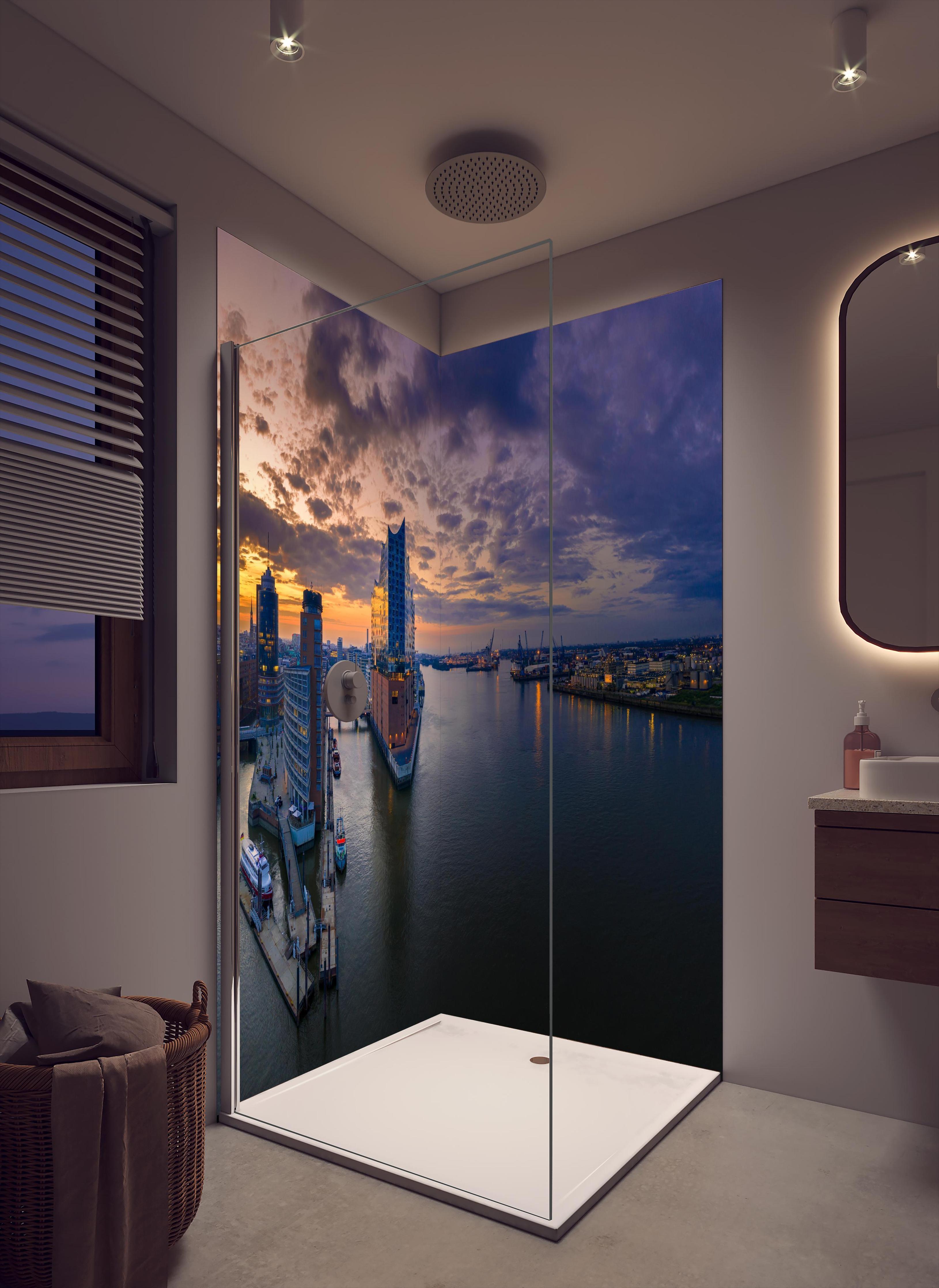 Duschrückwand - Blick auf die Elbphilharmonie - Hamburg in cremefarbenem Badezimmer mit Regenduschkopf