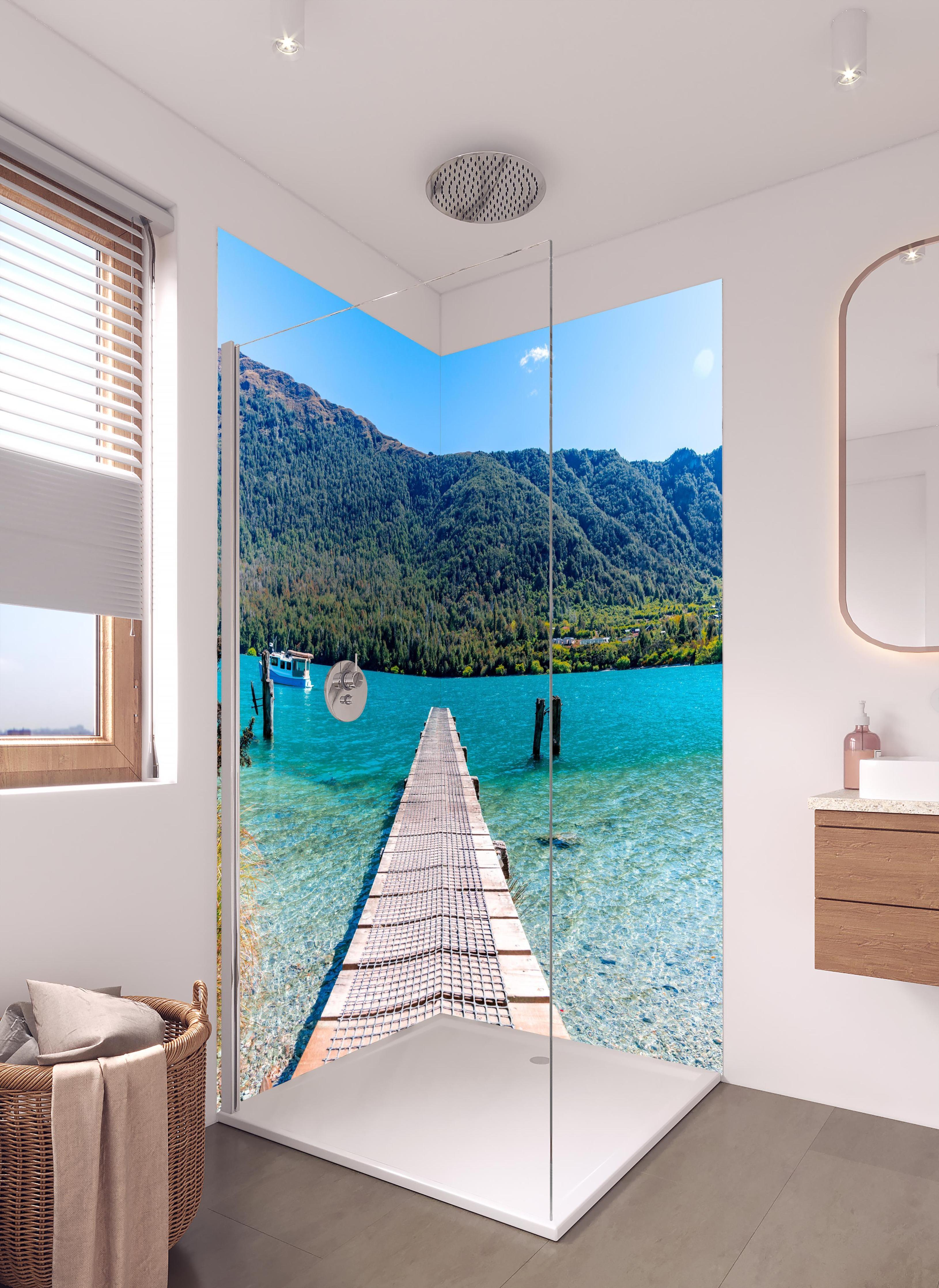 Duschrückwand - Bob's Cove Bucht in Neuseeland in hellem Badezimmer mit Regenduschkopf - zweiteilige Eck-Duschrückwand