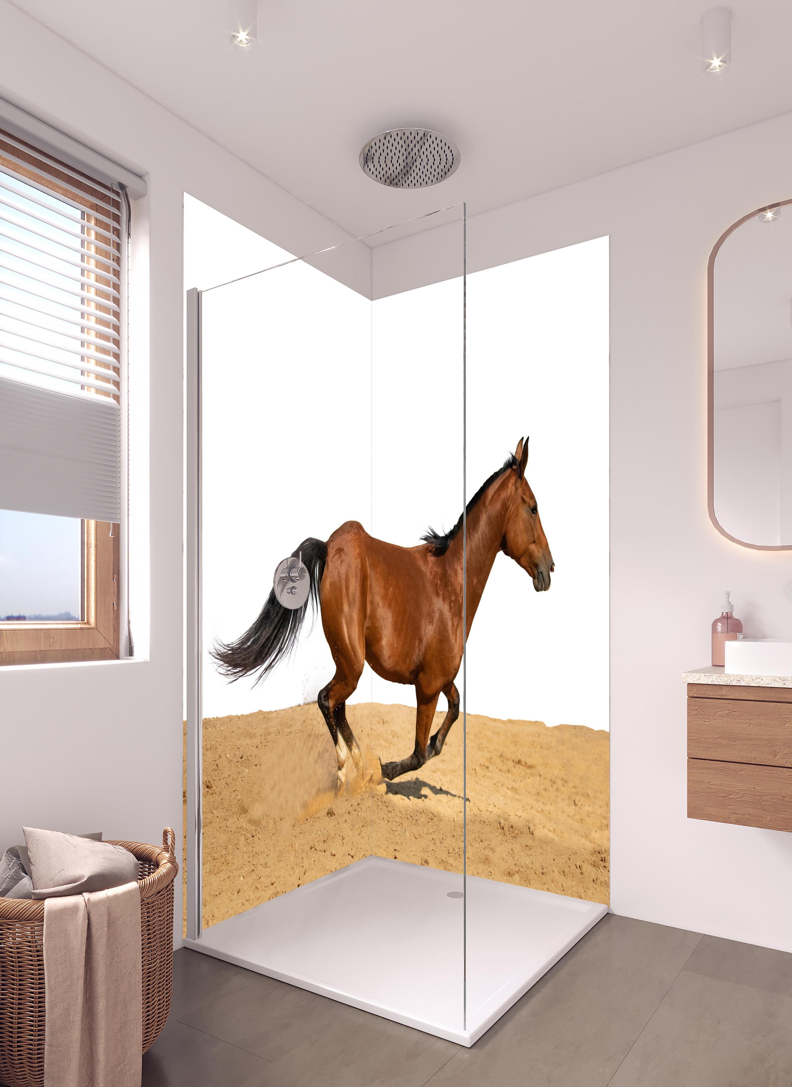 Duschrückwand - Braunes Pferd galoppiert durch den Sand in hellem Badezimmer mit Regenduschkopf - zweiteilige Eck-Duschrückwand