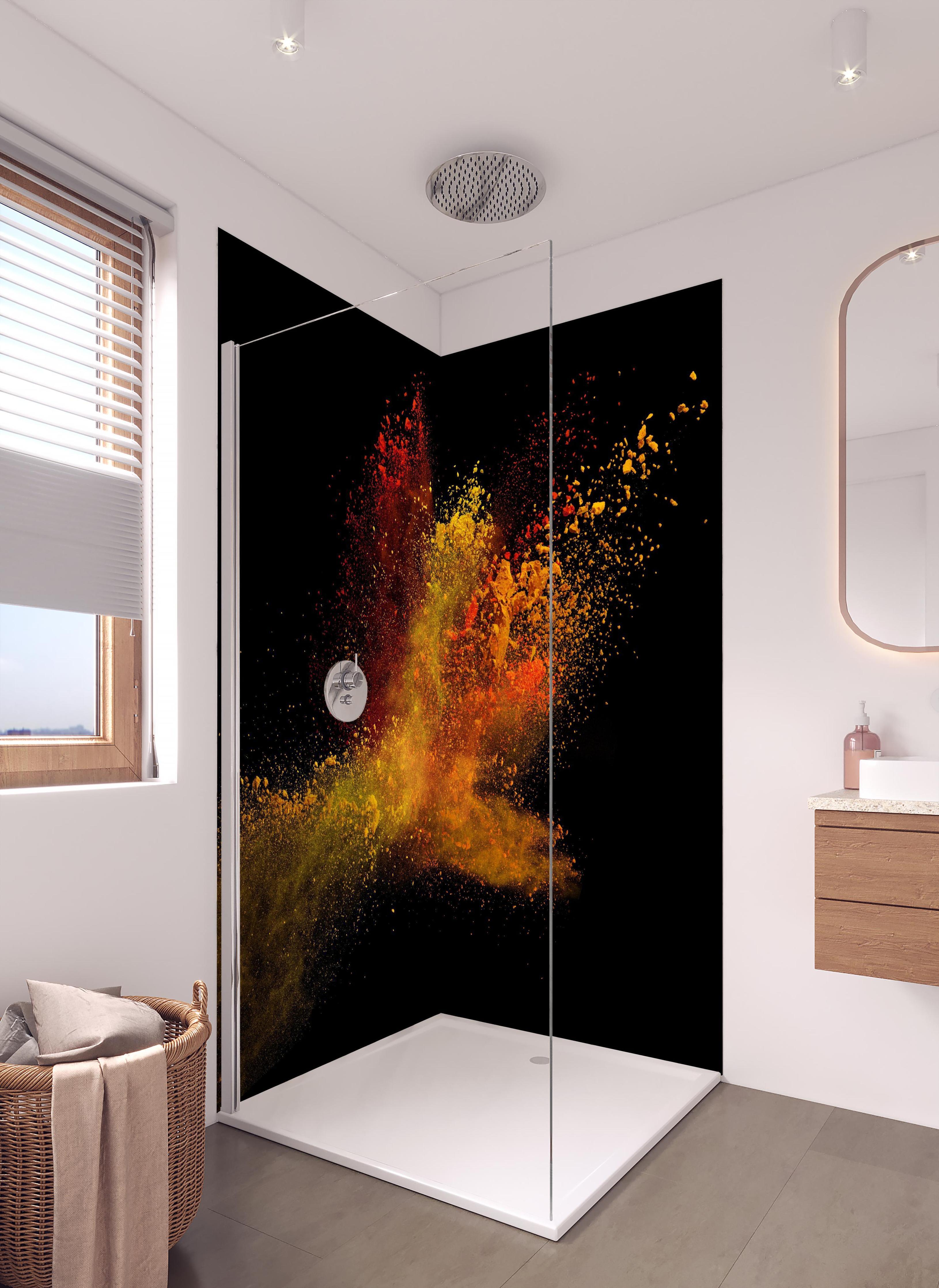 Duschrückwand - Bunte Farbexplosion in hellem Badezimmer mit Regenduschkopf - zweiteilige Eck-Duschrückwand