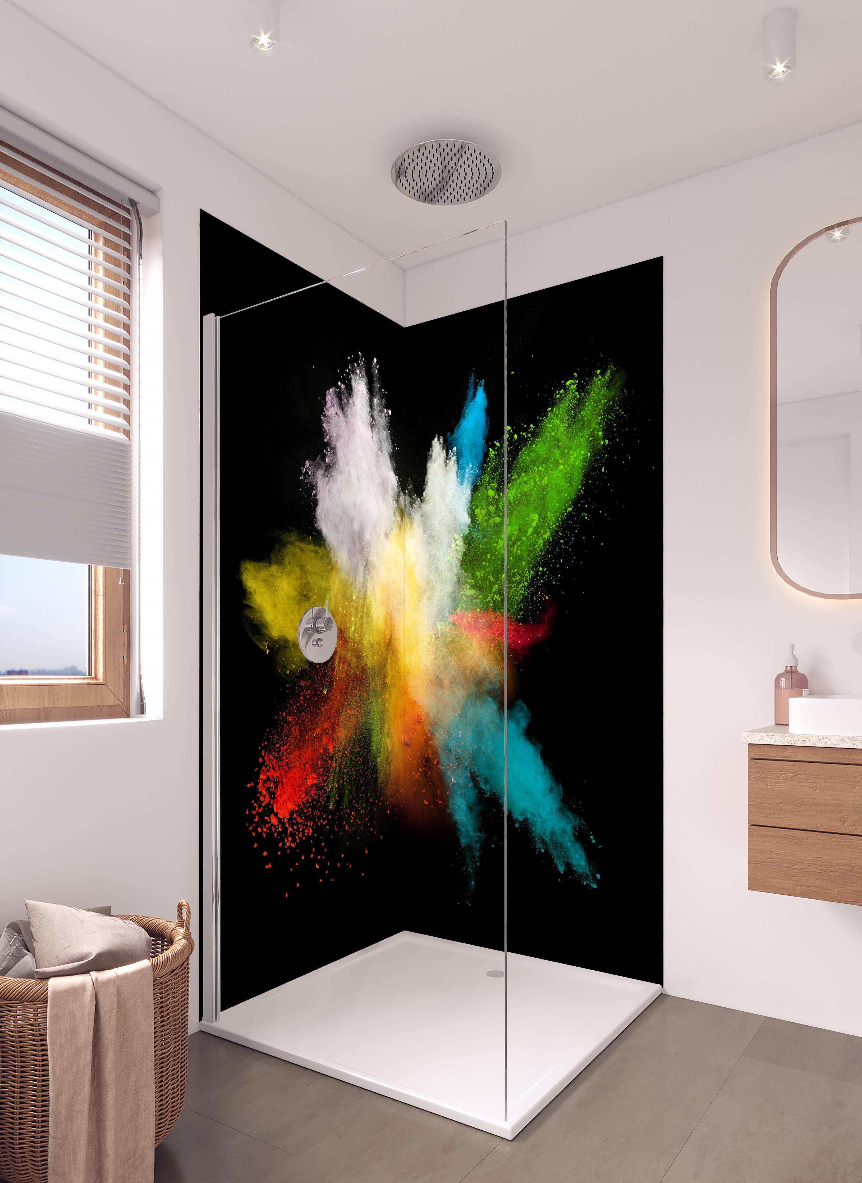 Duschrückwand - Bunte Farbexplosion auf schwarzem Hintergrund in hellem Badezimmer mit Regenduschkopf - zweiteilige Eck-Duschrückwand