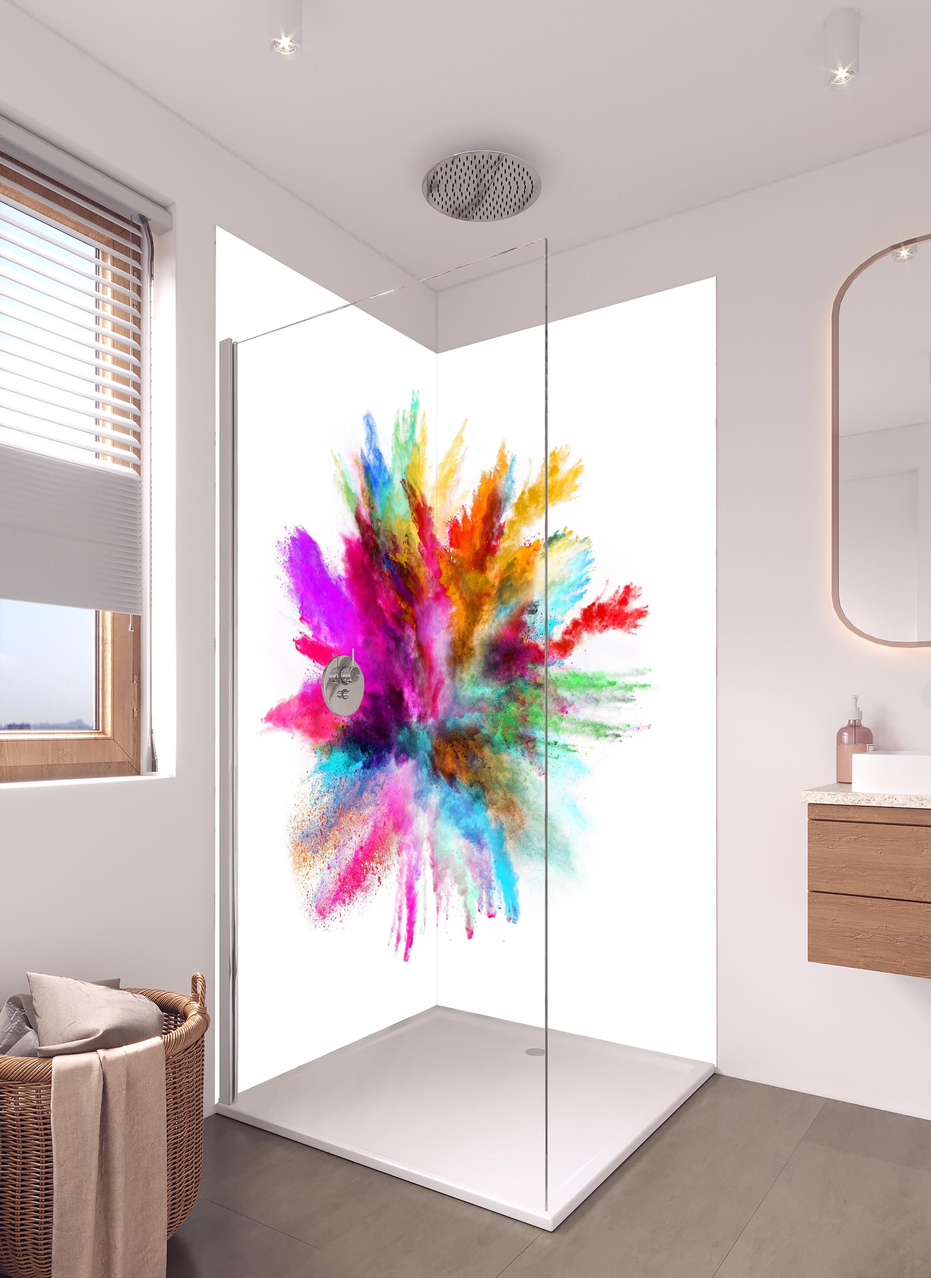 Duschrückwand - Bunte Farbexplosion auf weißen Hintergrund in hellem Badezimmer mit Regenduschkopf - zweiteilige Eck-Duschrückwand