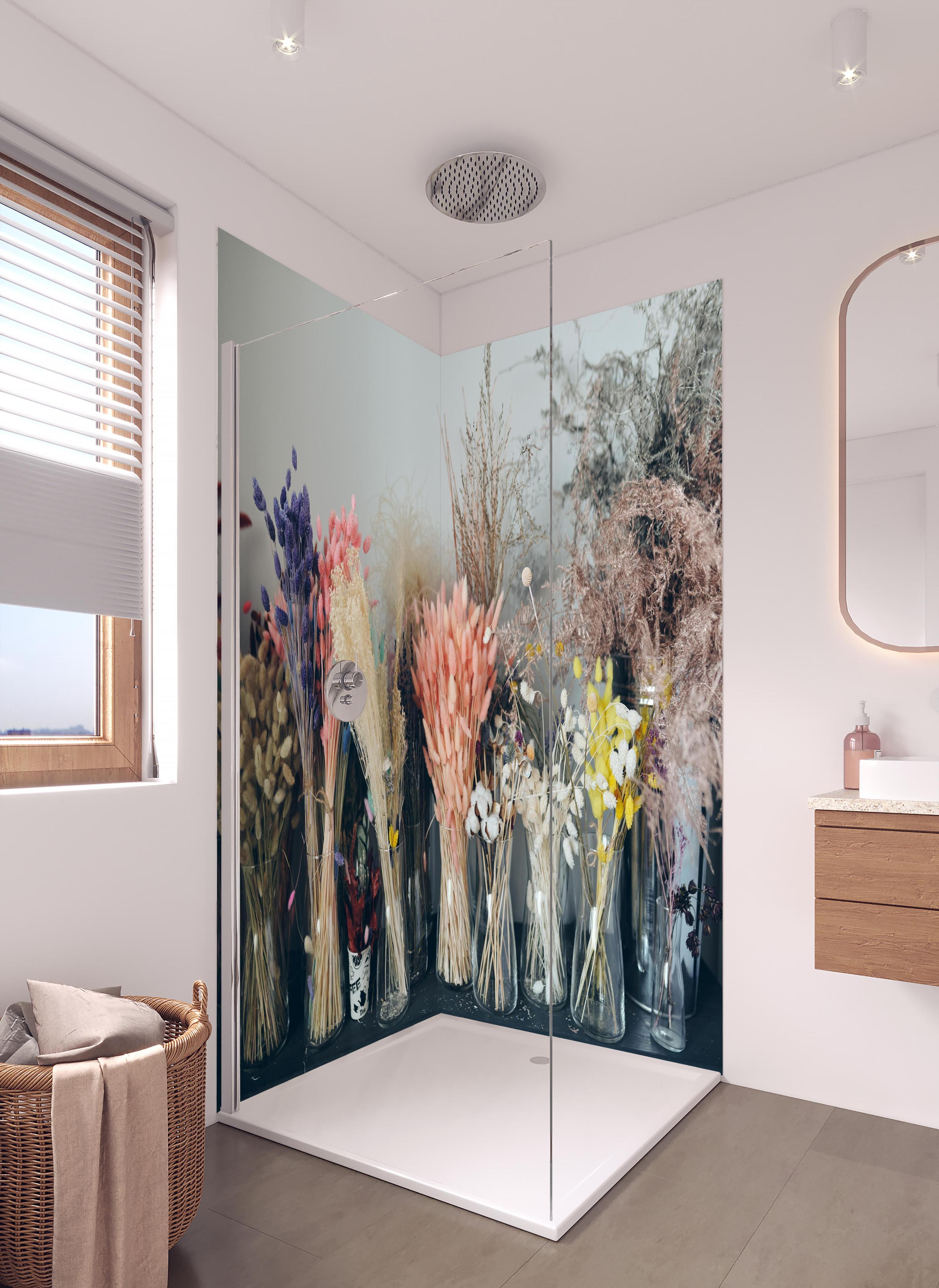Duschrückwand - Bunte Trockenblumen im Regal in hellem Badezimmer mit Regenduschkopf - zweiteilige Eck-Duschrückwand
