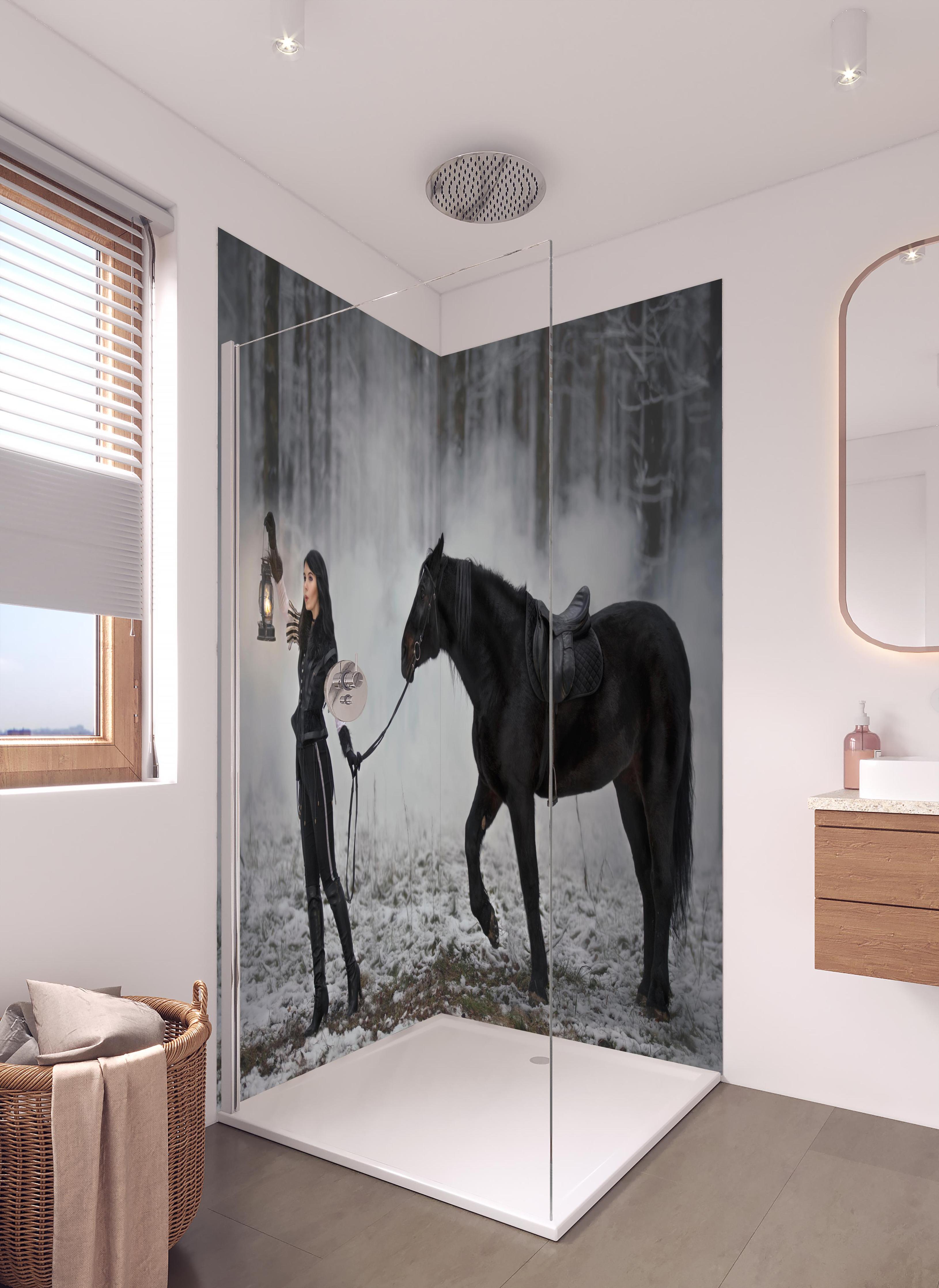 Duschrückwand - Cosplay-Zauberin The Witcher mit Pferd in hellem Badezimmer mit Regenduschkopf - zweiteilige Eck-Duschrückwand
