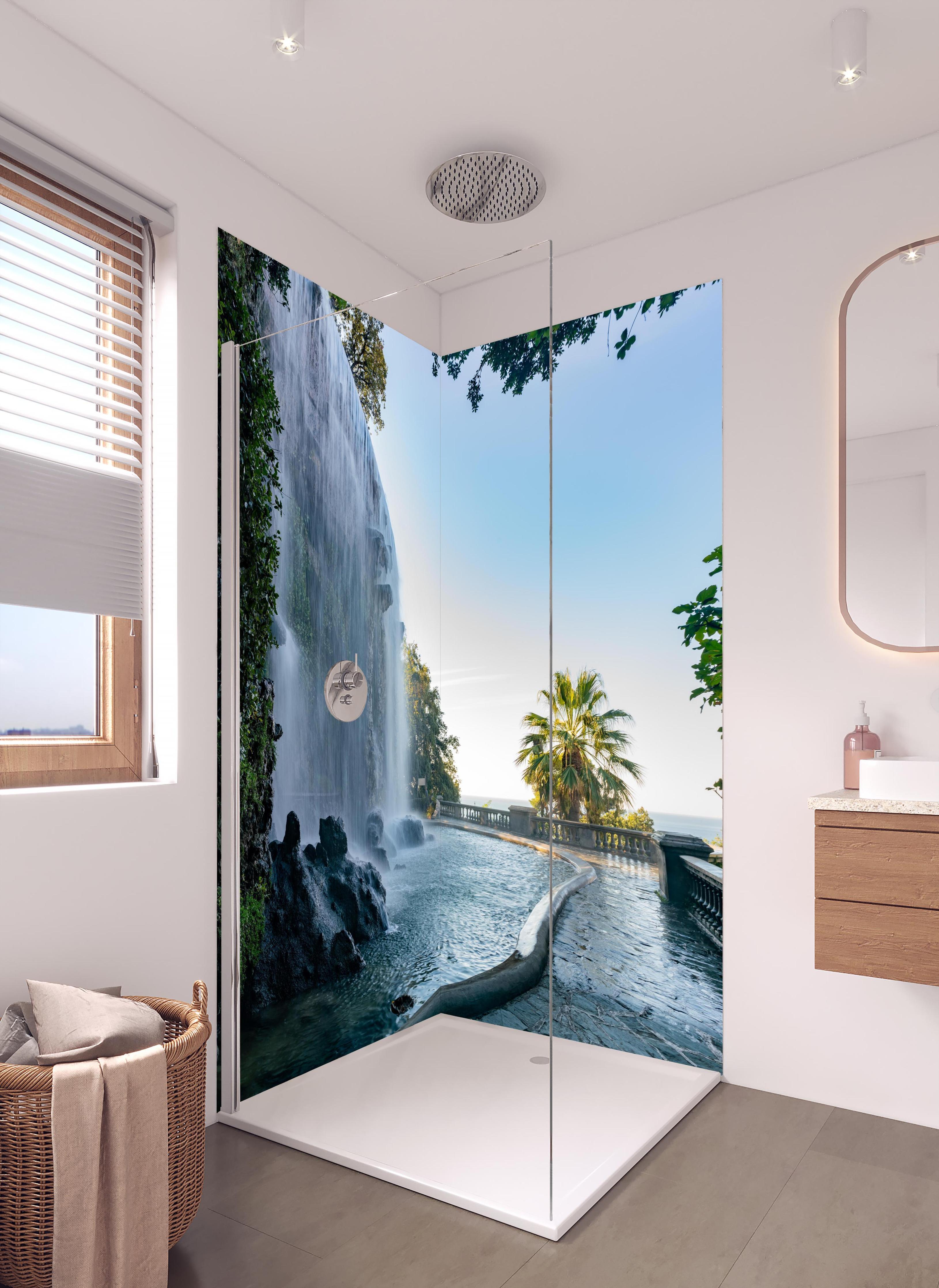 Duschrückwand - Der Wasserfall Cascade Du Casteu in Castel Hill in hellem Badezimmer mit Regenduschkopf - zweiteilige Eck-Duschrückwand