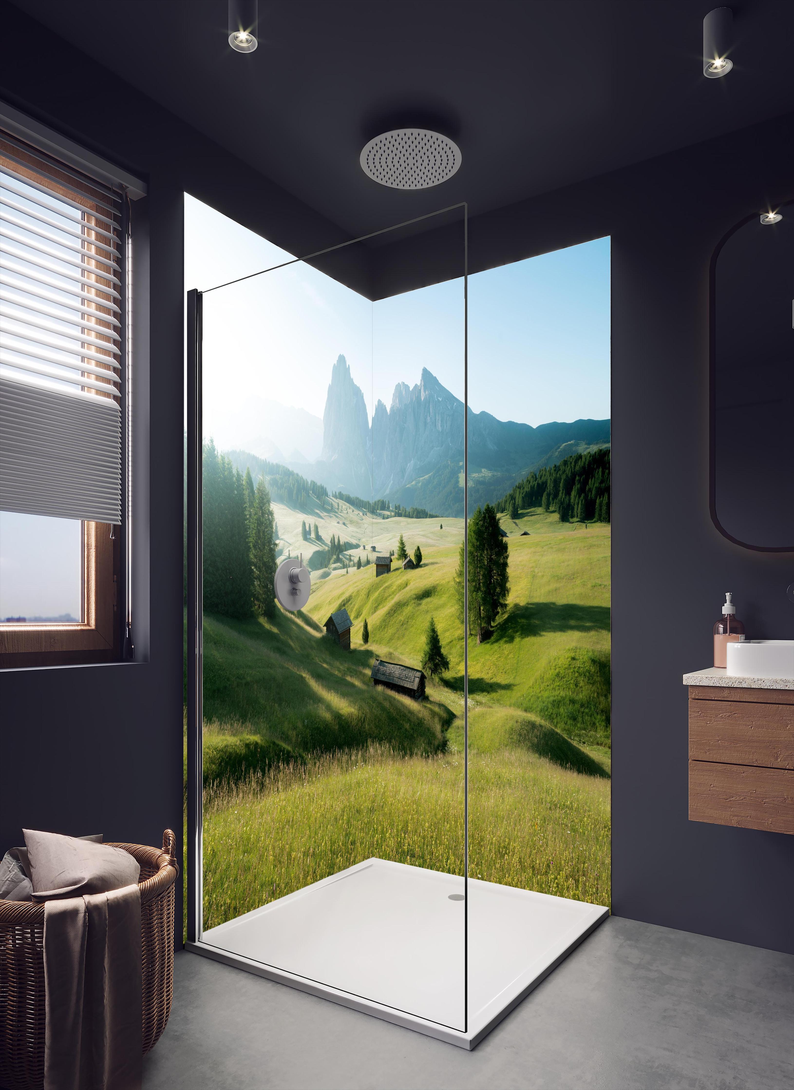 Duschrückwand - Dolomiten Berglandschaft auf der Seiser Alm in dunklem Badezimmer mit Regenduschkopf