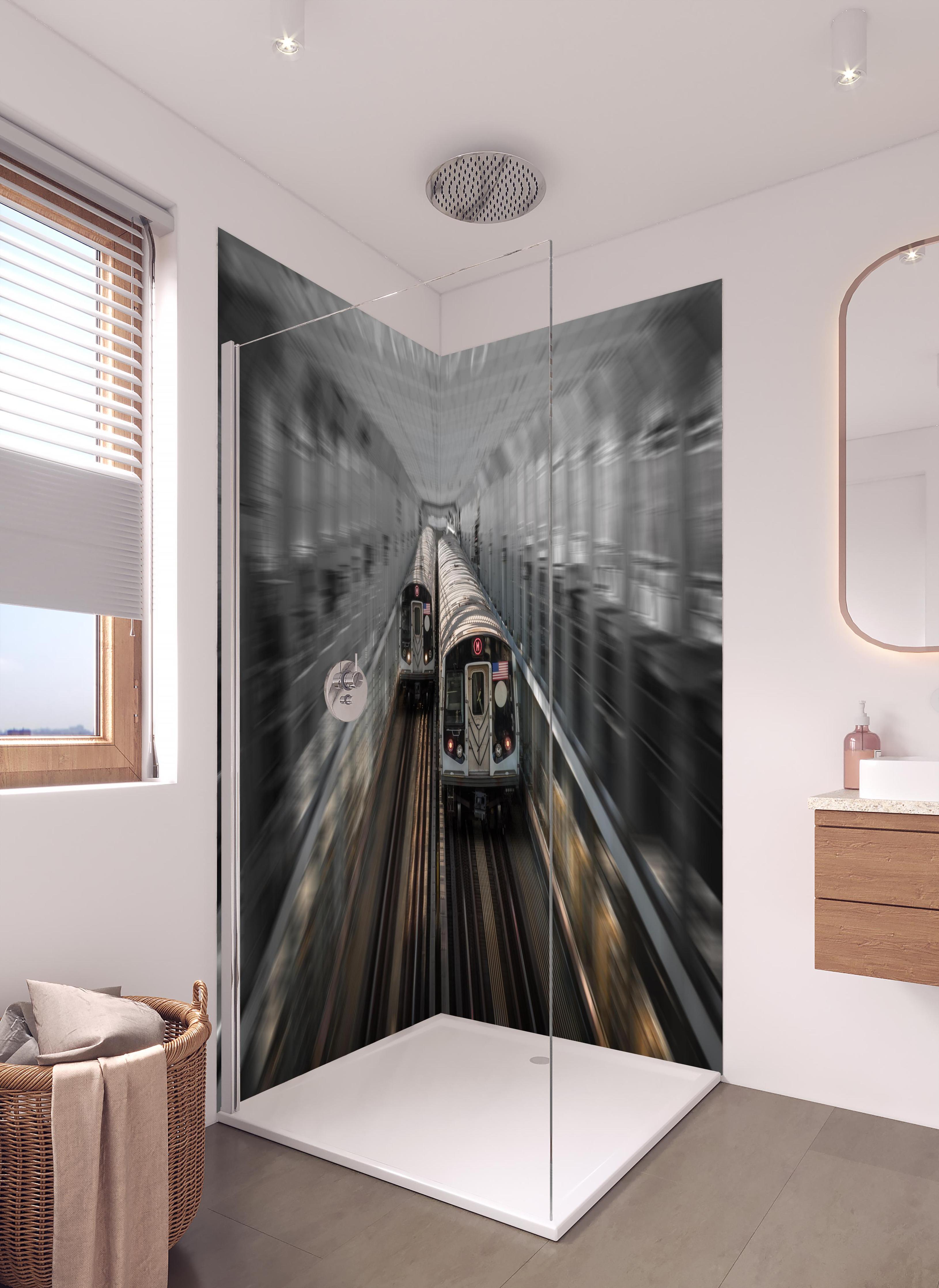Duschrückwand - Dynamische Aufnahme Zug Brooklyn NY in hellem Badezimmer mit Regenduschkopf - zweiteilige Eck-Duschrückwand