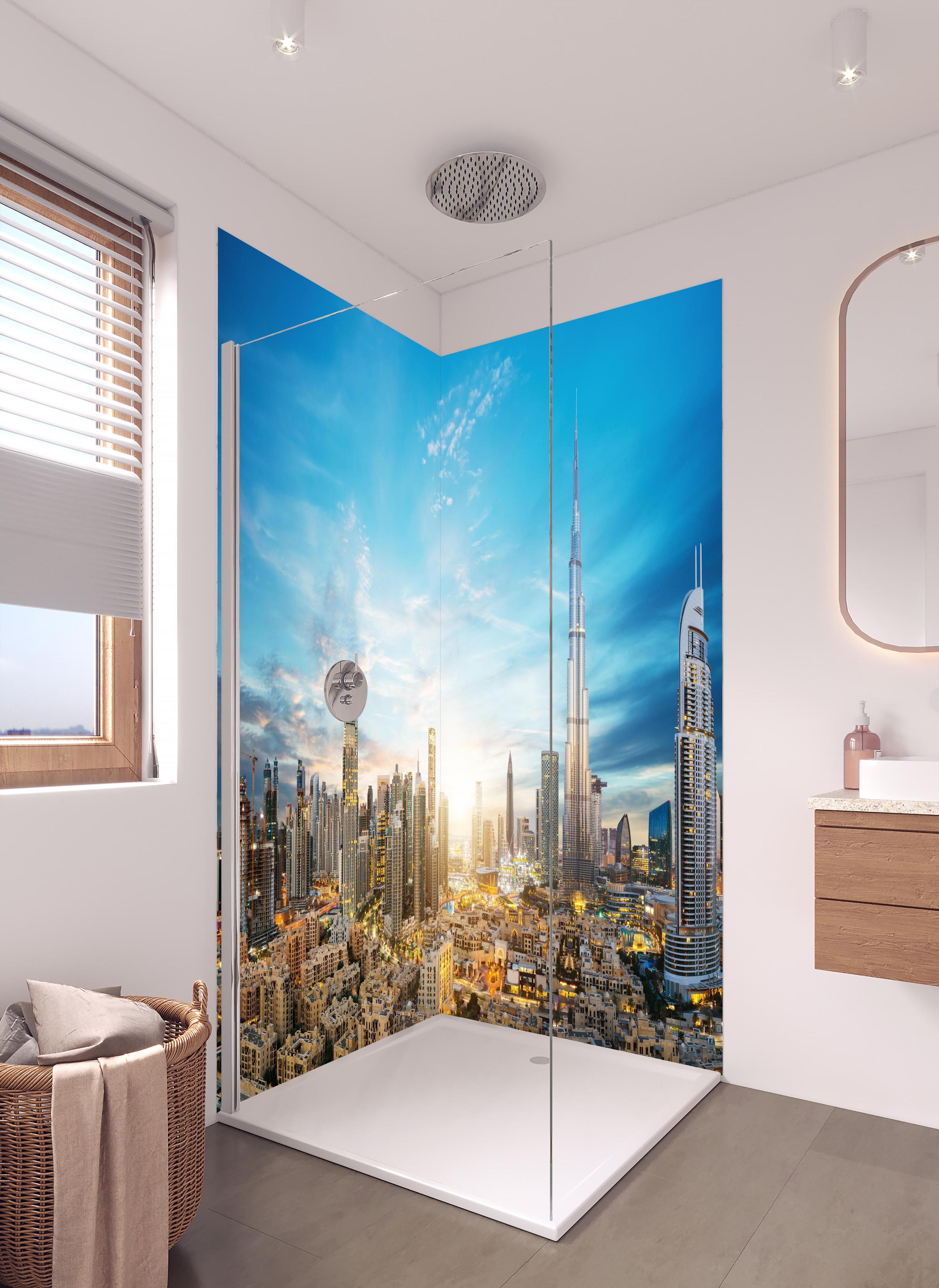 Duschrückwand - Erstaunlicher Panoramablick auf Dubai in hellem Badezimmer mit Regenduschkopf - zweiteilige Eck-Duschrückwand