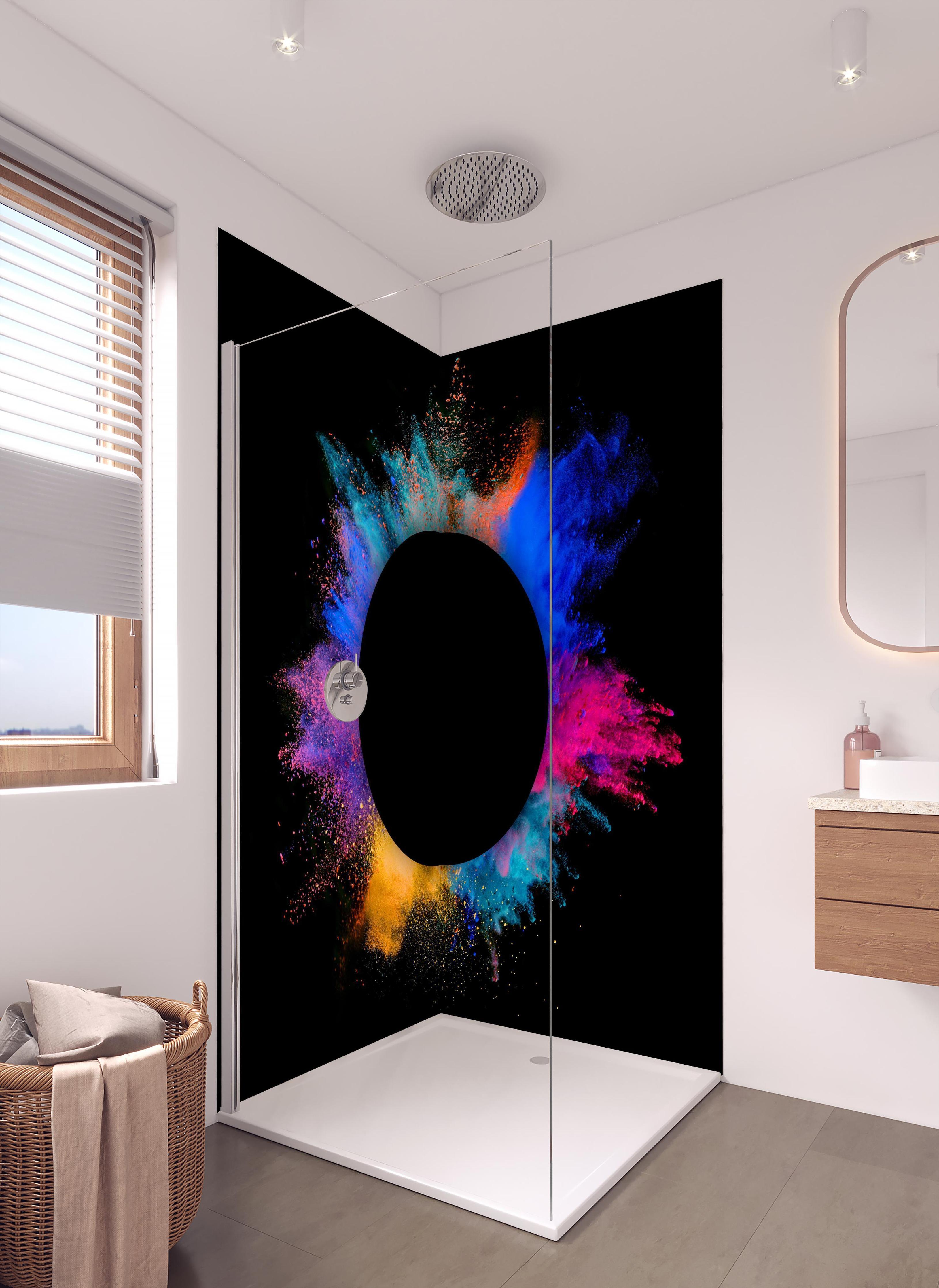 Duschrückwand - Explosion von farbigem Pulver mit schwarzem Kreis in hellem Badezimmer mit Regenduschkopf - zweiteilige Eck-Duschrückwand
