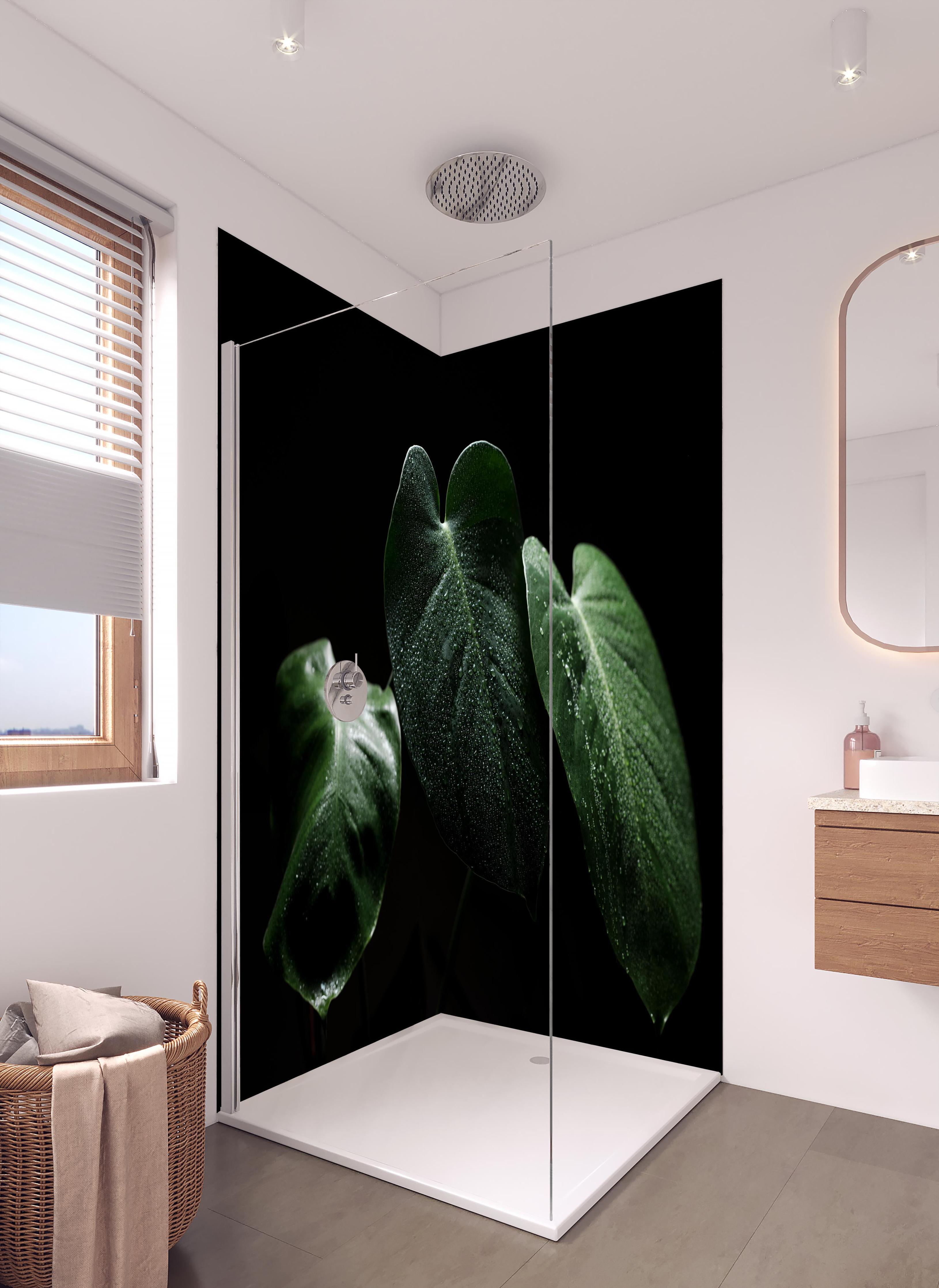 Duschrückwand - Feuchtes Blatt auf schwarzem Hintergrund in hellem Badezimmer mit Regenduschkopf - zweiteilige Eck-Duschrückwand