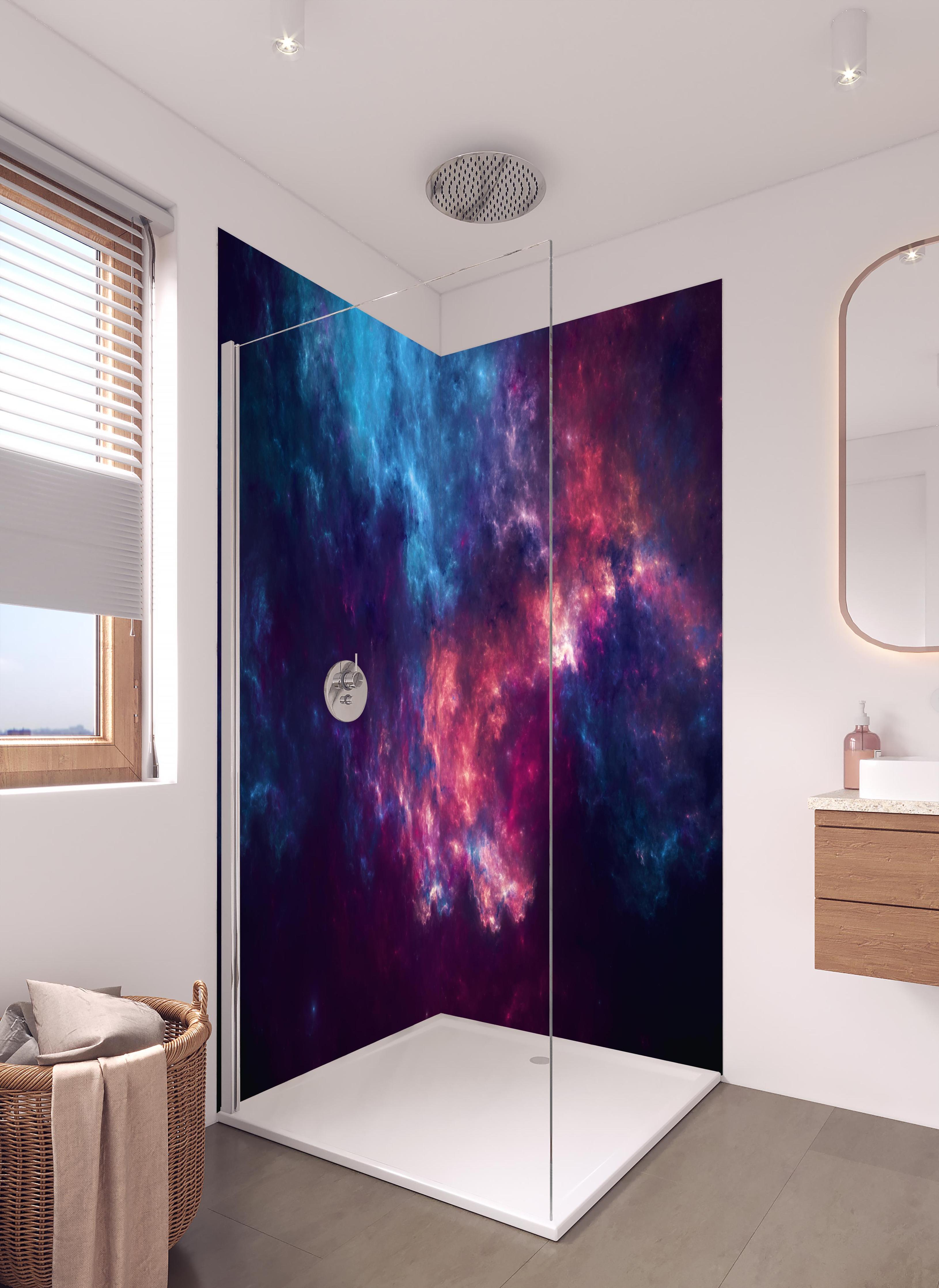 Duschrückwand - Fiktiver Weltraum in hellem Badezimmer mit Regenduschkopf - zweiteilige Eck-Duschrückwand