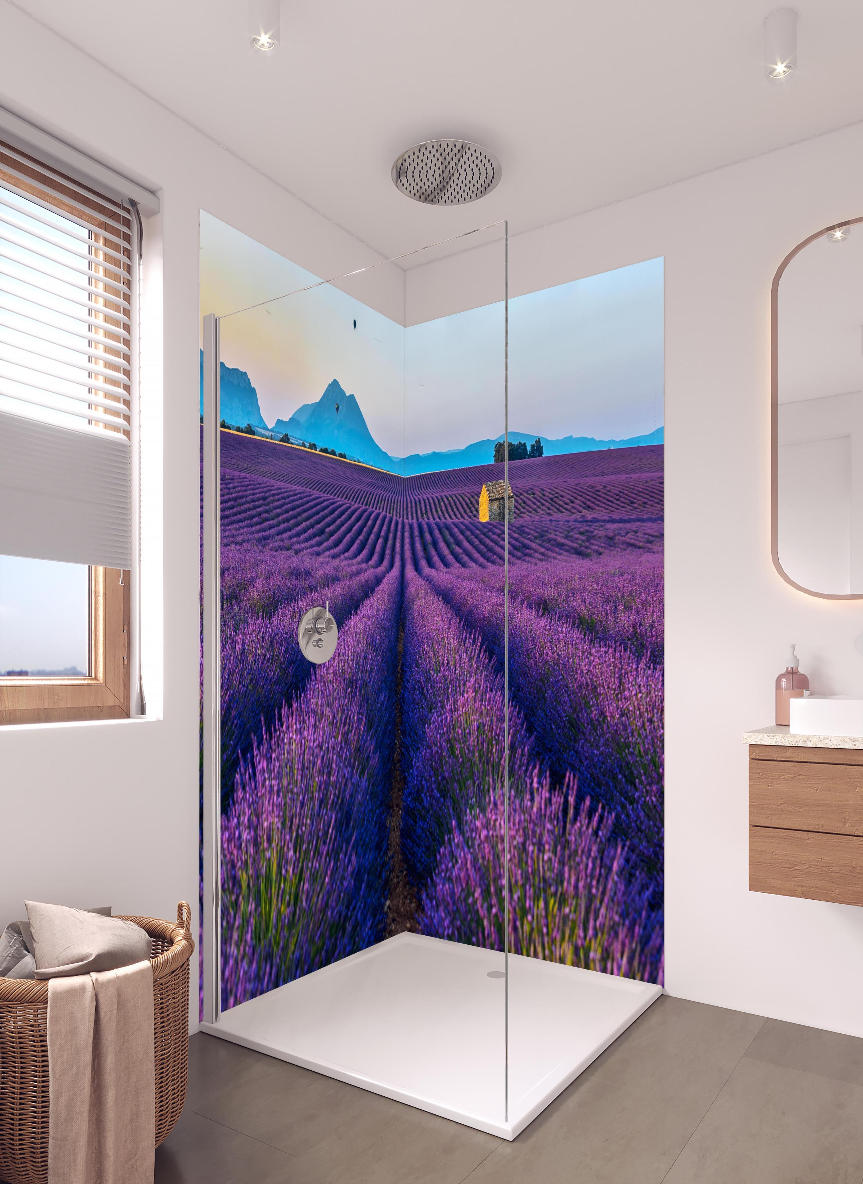 Duschrückwand - Französische Lavendelfelder in hellem Badezimmer mit Regenduschkopf - zweiteilige Eck-Duschrückwand