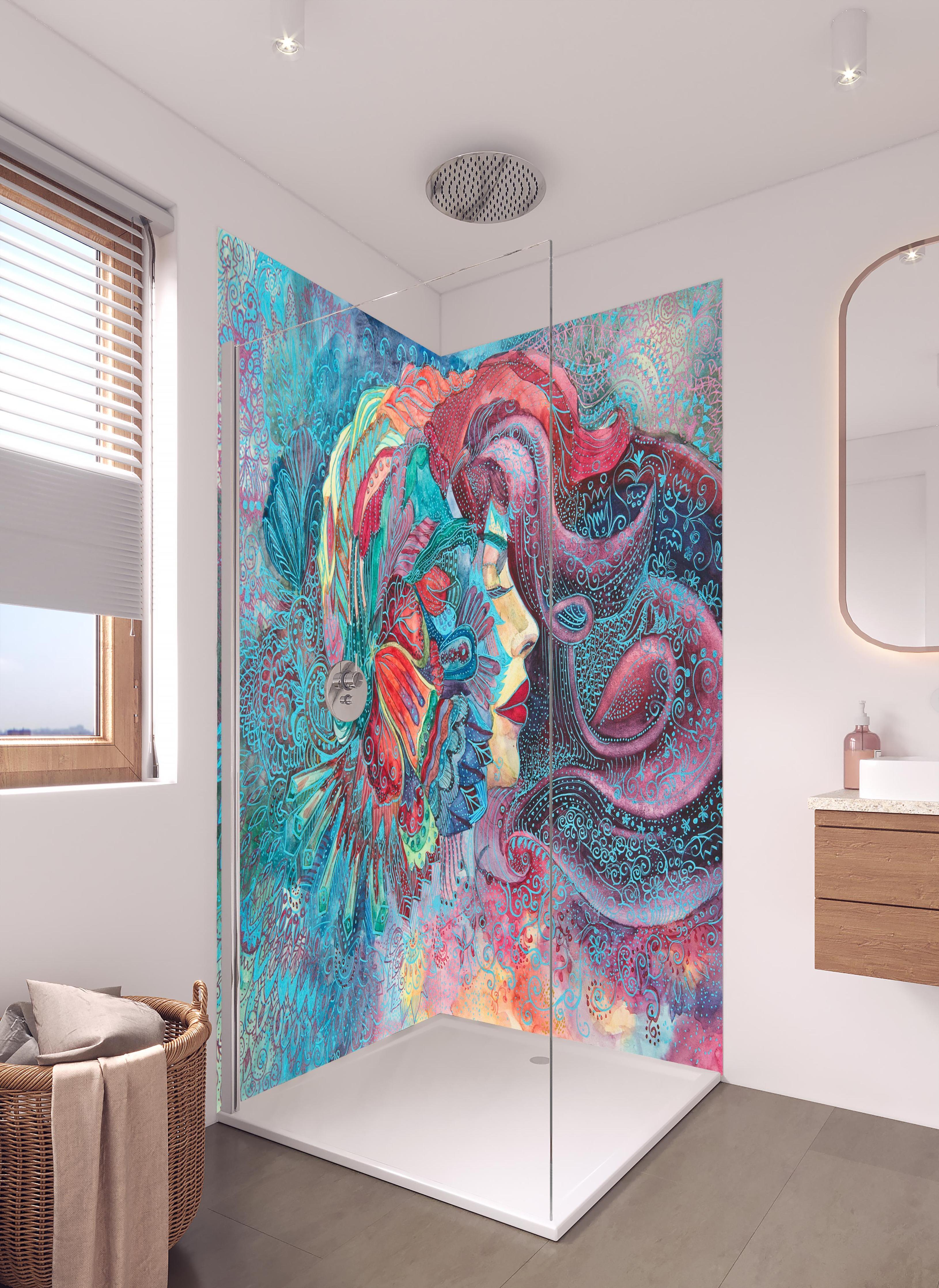 Duschrückwand - Frau Aquarellmalerei in hellem Badezimmer mit Regenduschkopf - zweiteilige Eck-Duschrückwand