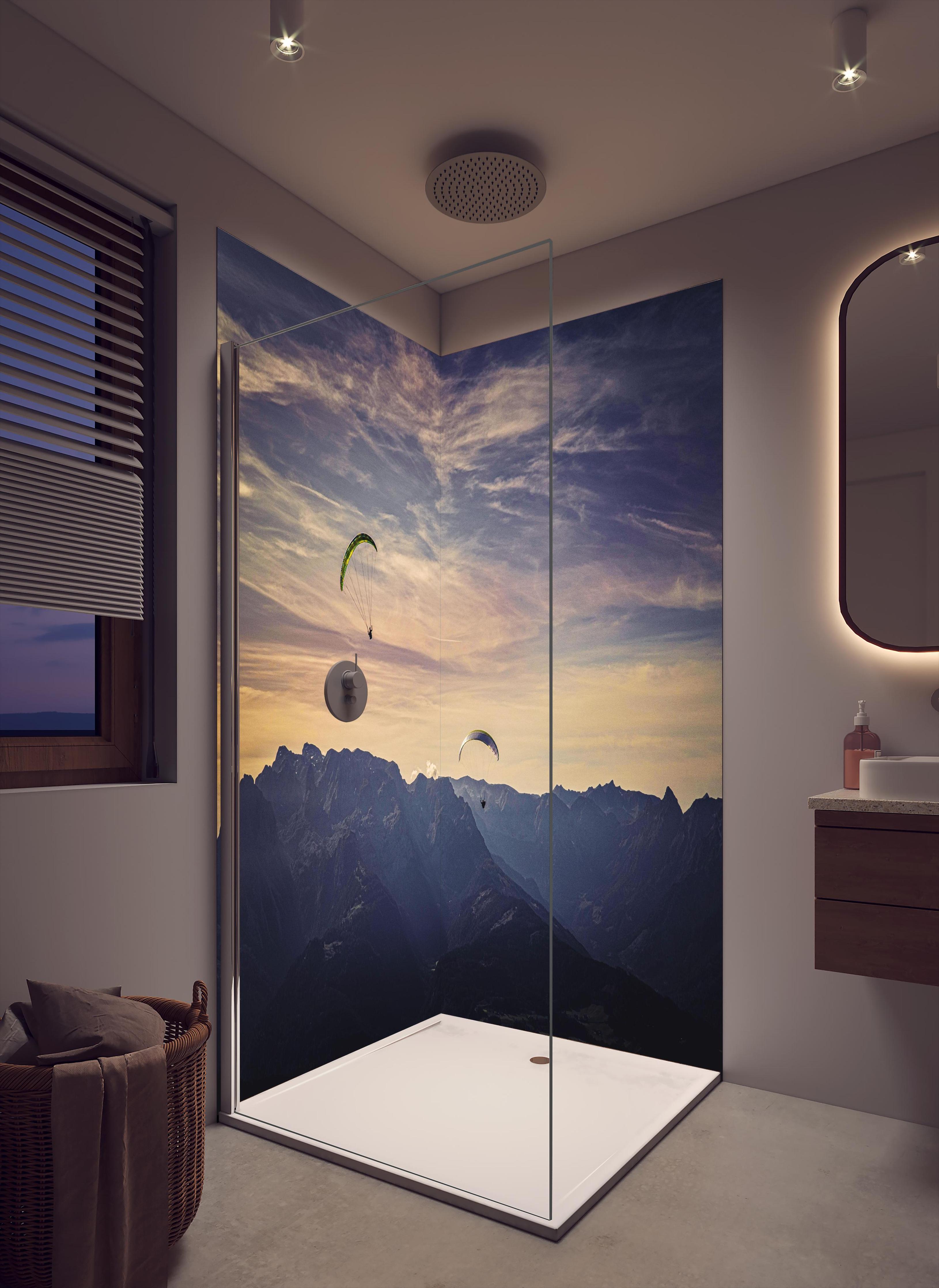 Duschrückwand - Gleitschirmfliegen in Österreich in cremefarbenem Badezimmer mit Regenduschkopf