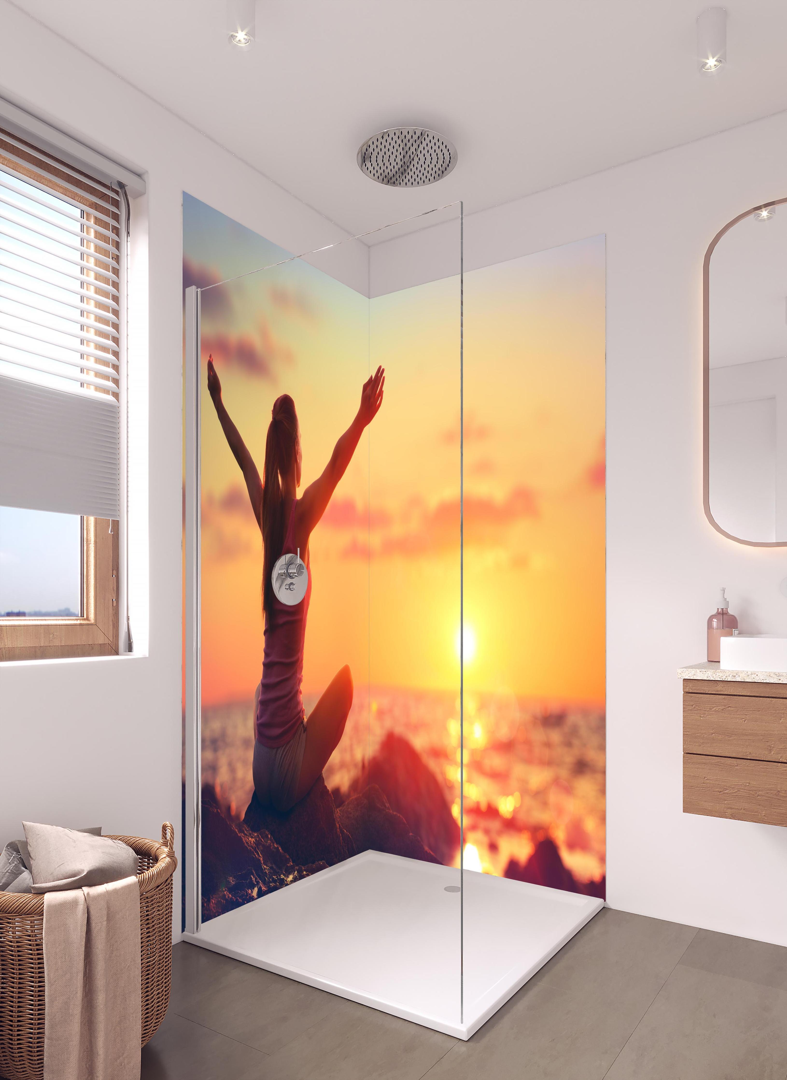 Duschrückwand - Glückliche Frau am Strand in hellem Badezimmer mit Regenduschkopf - zweiteilige Eck-Duschrückwand