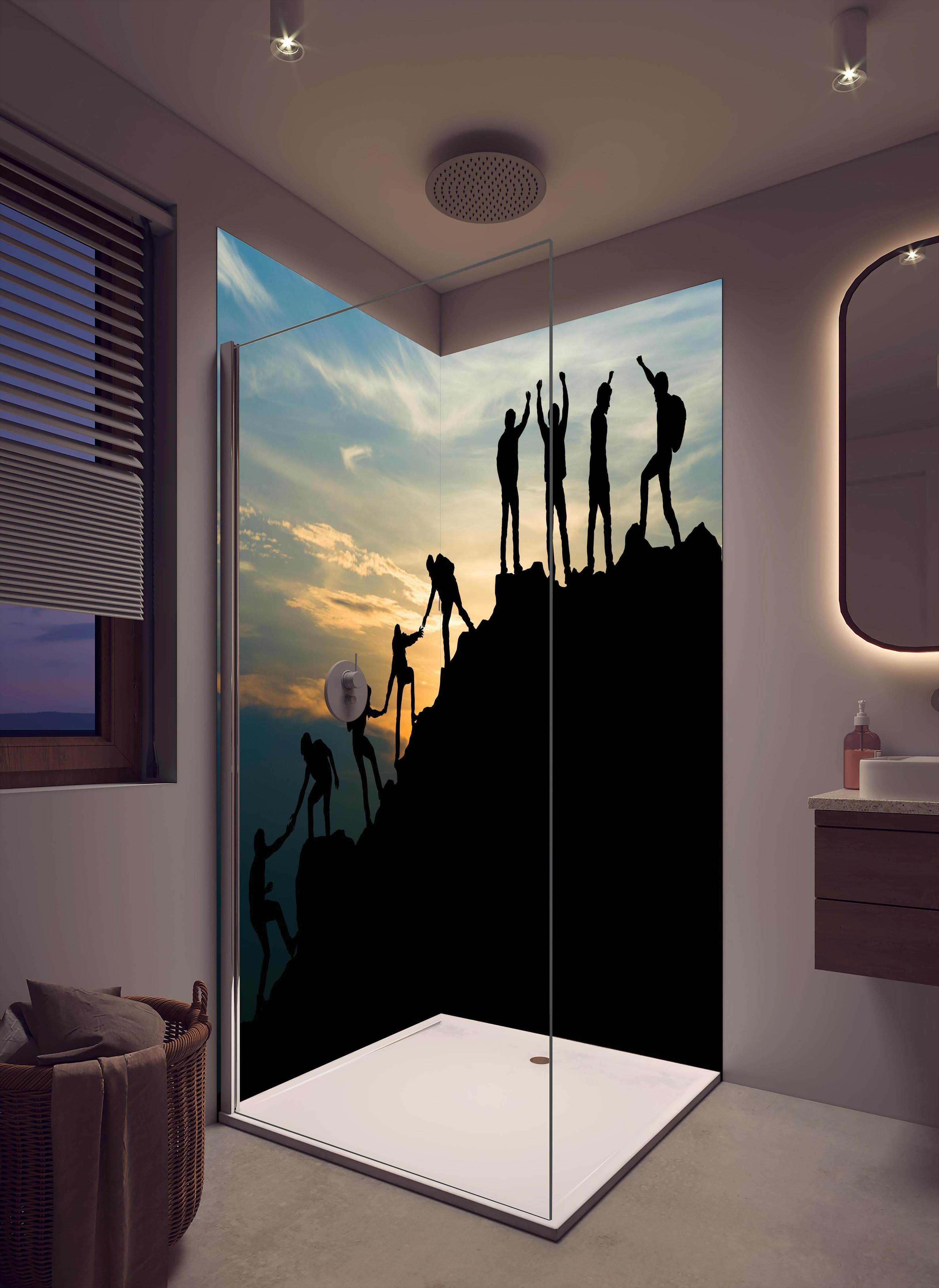 Duschrückwand - Gruppe von Menschen auf dem Gipfel in cremefarbenem Badezimmer mit Regenduschkopf