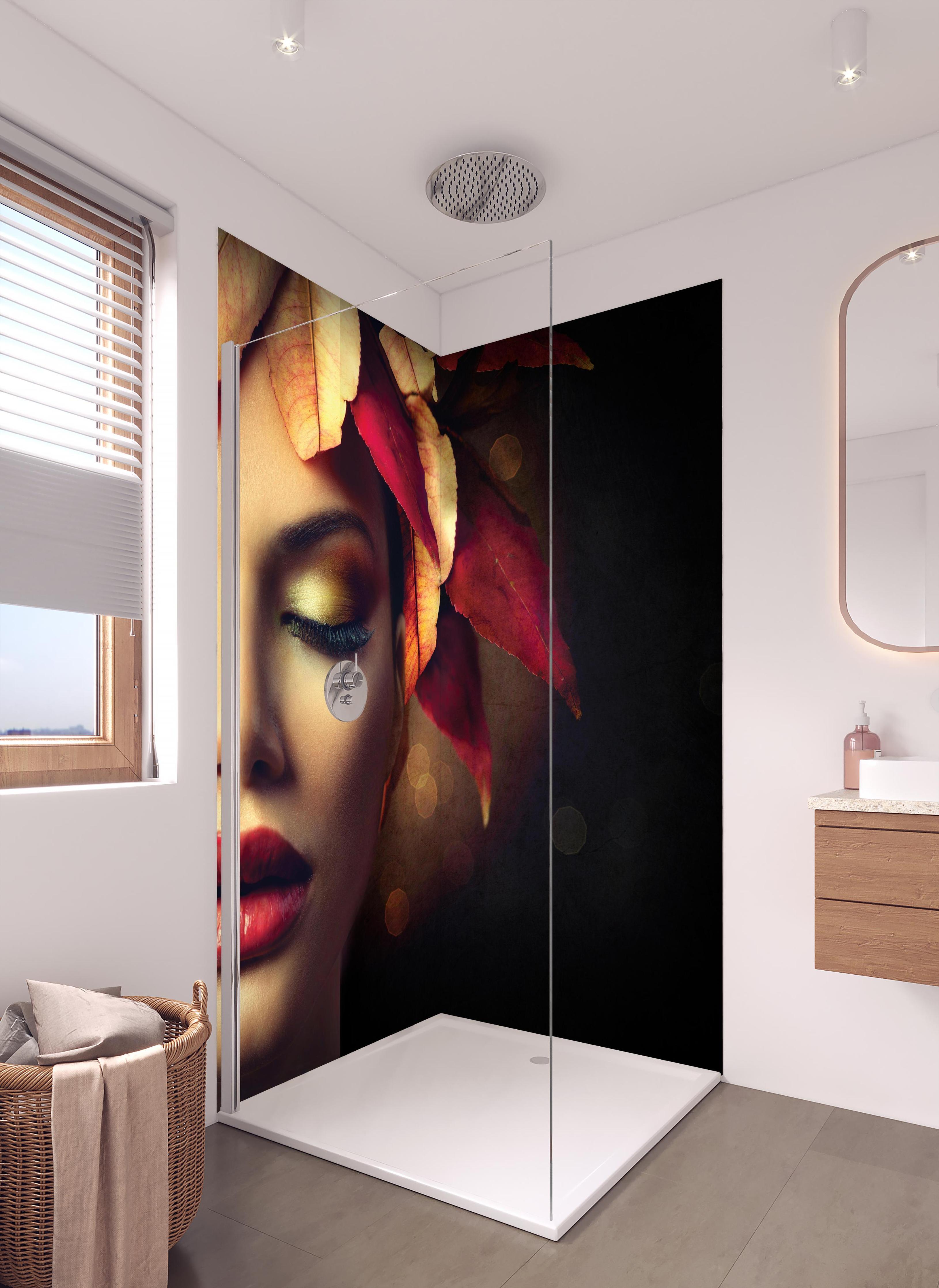 Duschrückwand - Herbstblätter Frisur auf dunklem Hintergrund in hellem Badezimmer mit Regenduschkopf - zweiteilige Eck-Duschrückwand