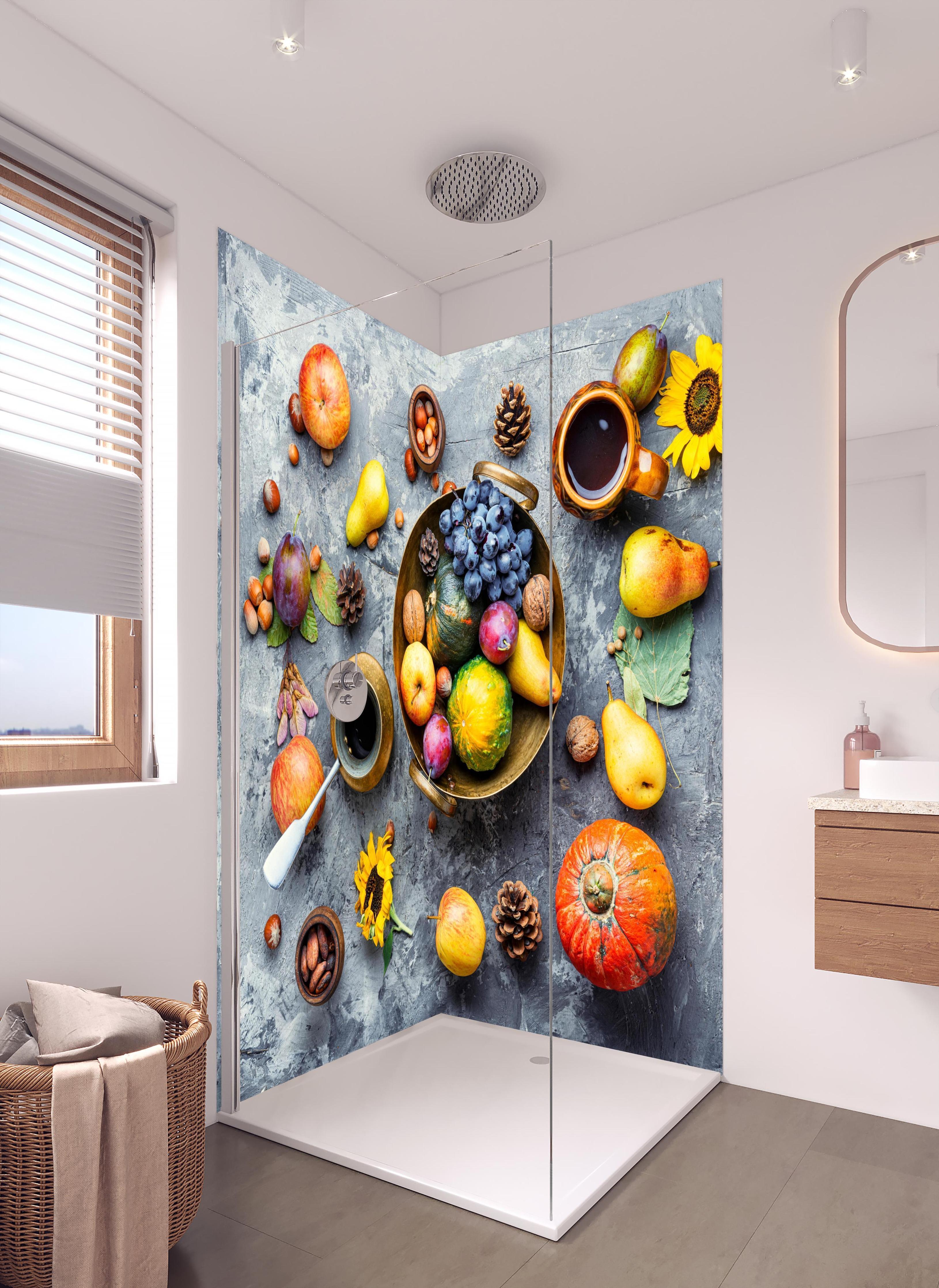 Duschrückwand - Herbstliches Erntestillleben in hellem Badezimmer mit Regenduschkopf - zweiteilige Eck-Duschrückwand