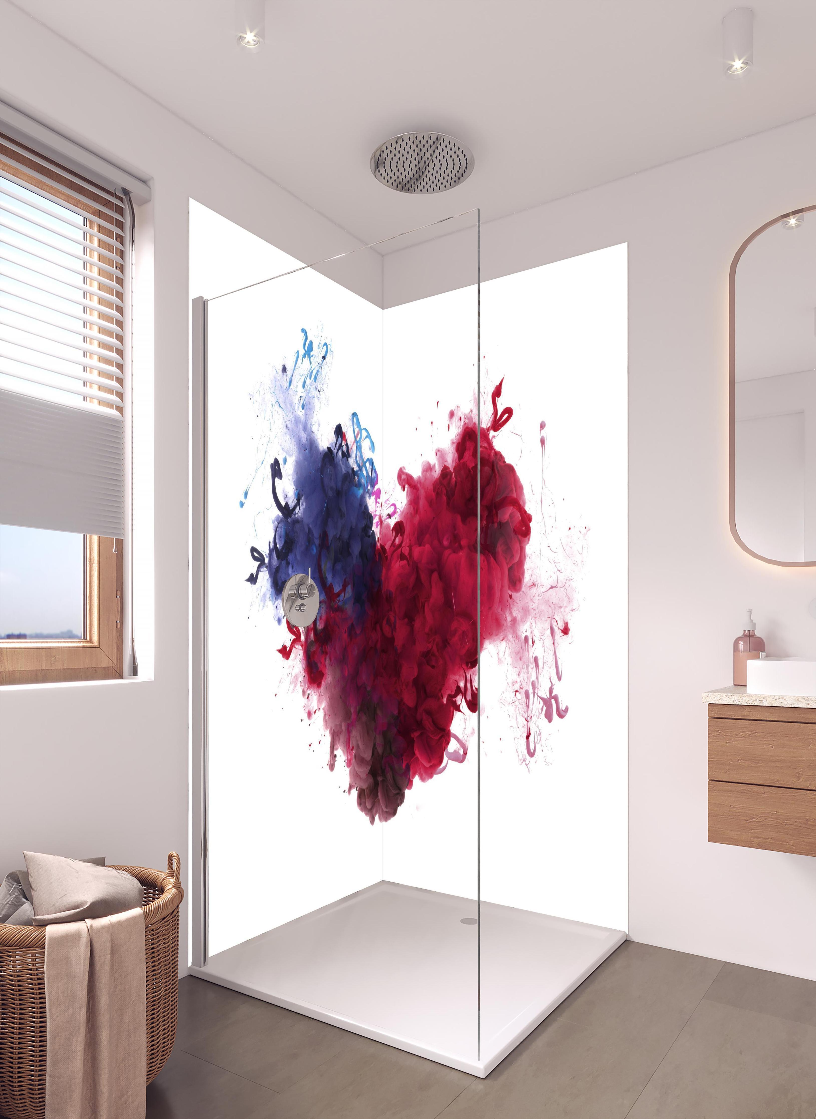 Duschrückwand - Herz aus Acrylfarben in Wasser in hellem Badezimmer mit Regenduschkopf - zweiteilige Eck-Duschrückwand